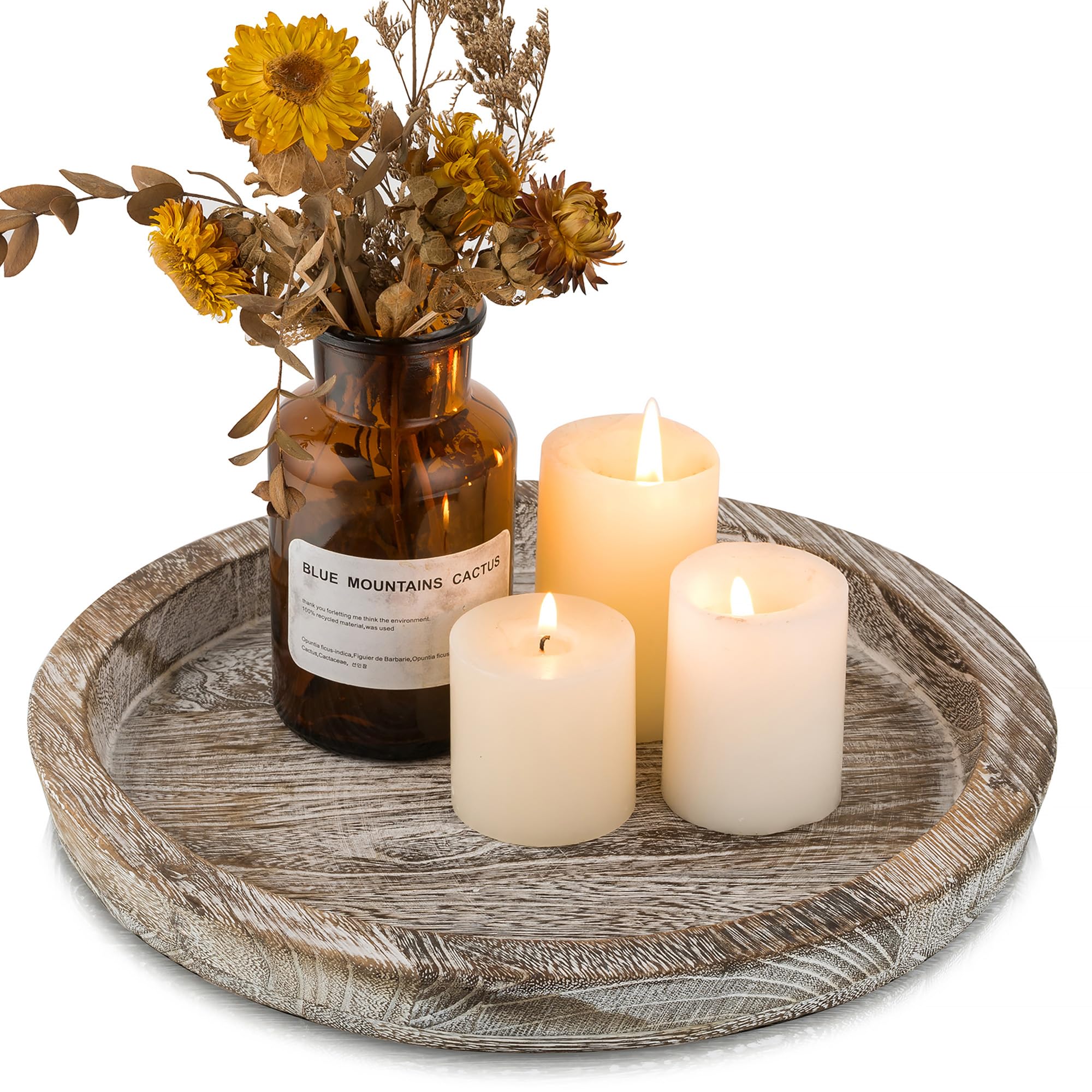 Hanobe Candle Plate Holder Tray: Round Wooden Decorative Candle Plate Small Farmhouse Table Centerpiece Rustic Whitewash Wood Te