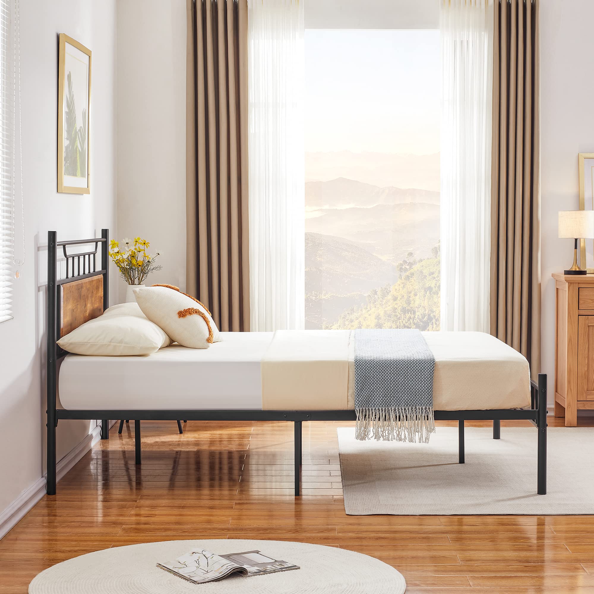 Vecelo Queen Size Platform Bed Frame With Wood Headboard/Mattress Foundation/Premium Steel Slats Support/No Box Spring Needed,Brown(Crown)