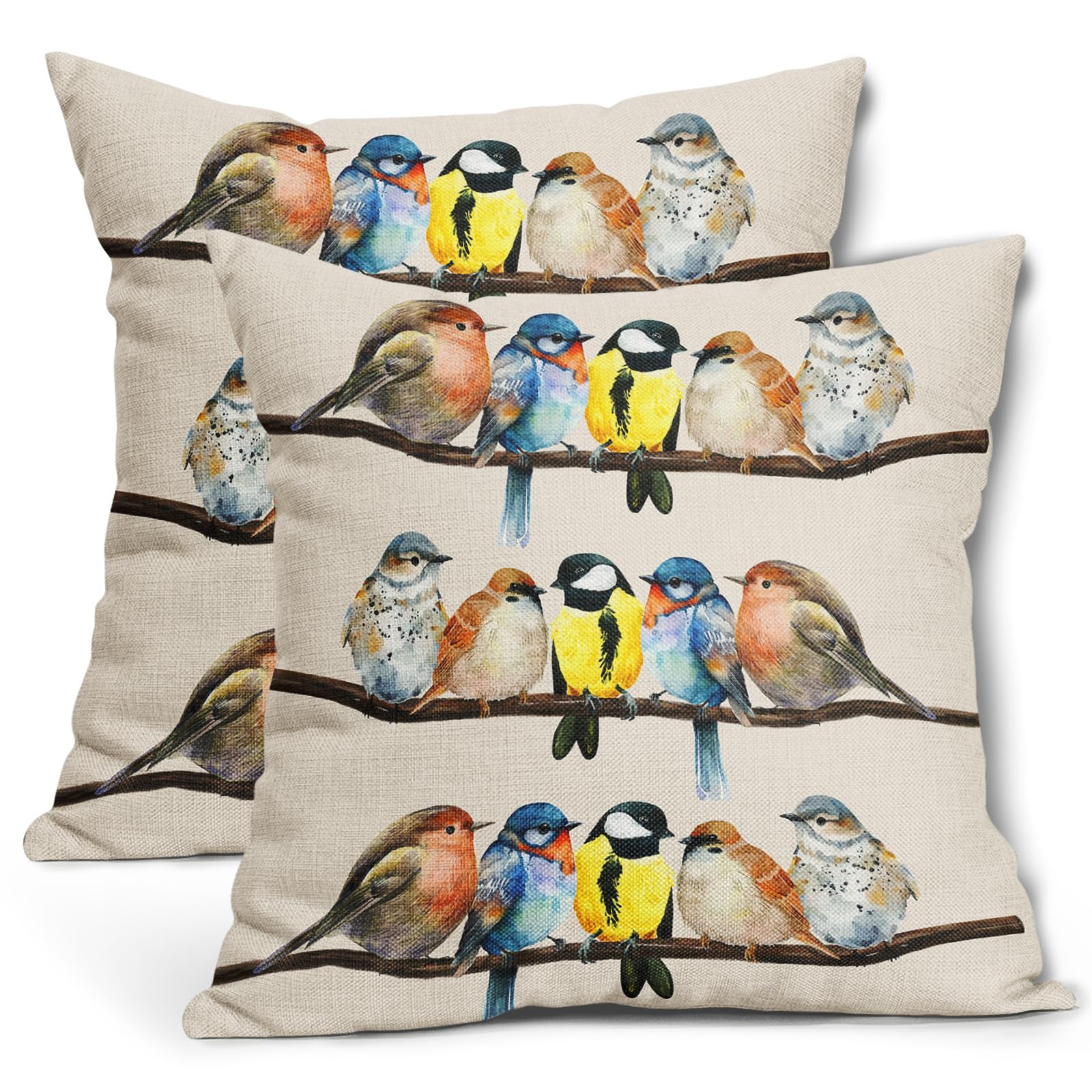 Oil Painted Bird Pillow Covers 18X18 Inch Rustic Birds Tree Branches Decorative Pillow Cases Wildlife Spring Summer Cotton Linen