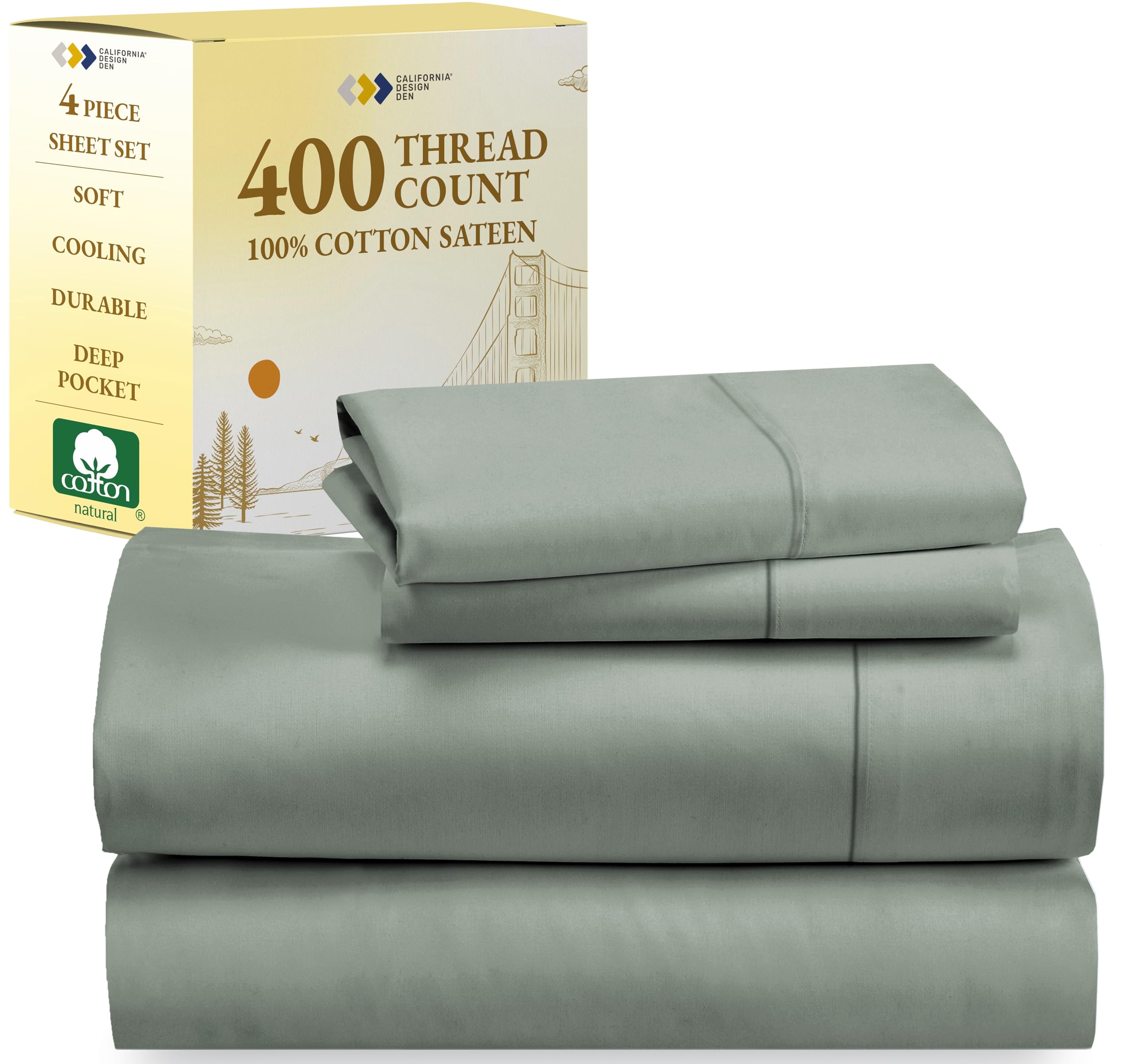 California Design Den 100% Cotton Sheets, Softest Queen Sheet Set, Cooling Sheets For Bed With Deep Pockets, 400 Thread Count Sa