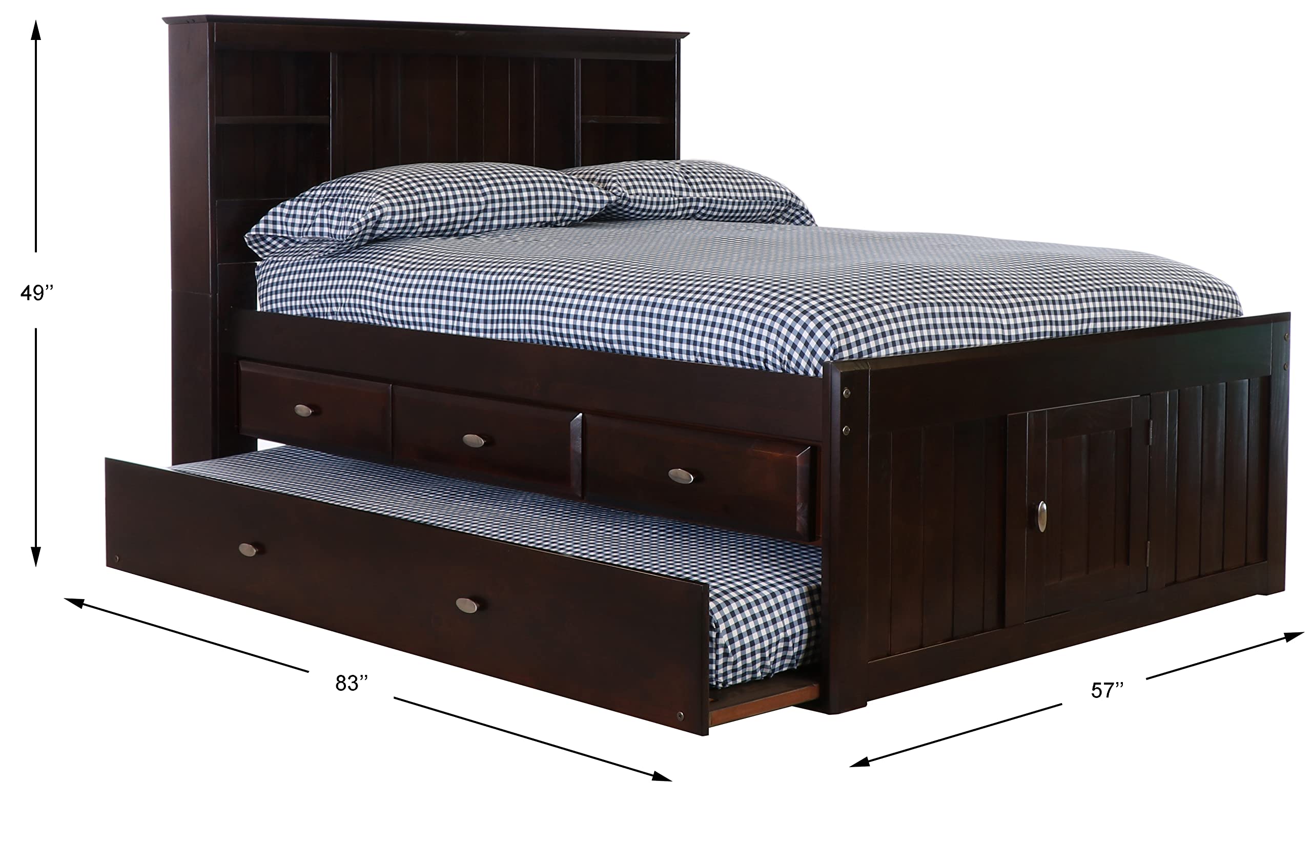 OS Home and Office Furniture Model 82921K3-22 Full Size Bookcase Bed with Three Drawers and Twin Sized Trundle in Dark Espresso