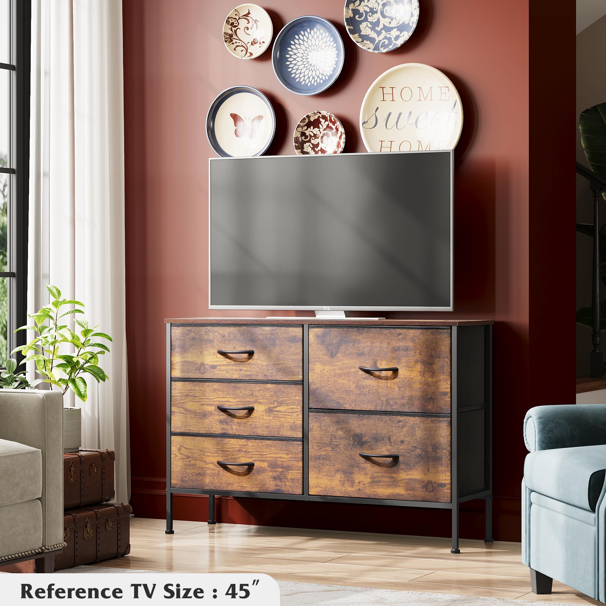 Wlive Dresser For Bedroom With 5 Drawers, Wide Bedroom Dresser With Drawer Organizers, Chest Of Drawers, Fabric Dresser For Living Room, Closet, Hallway, Rustic Brown Wood Grain Print