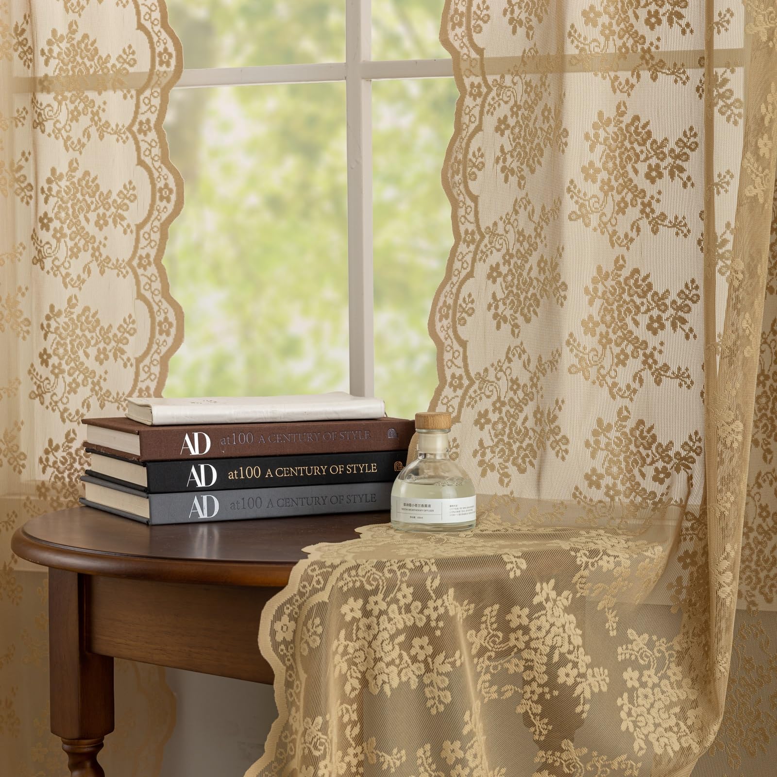 Taupe Curtains 72 inches Length Vintage Lace Floral Embroidered Texture Sheer Voile Curtains Privacy Curtain Panels for Dining R