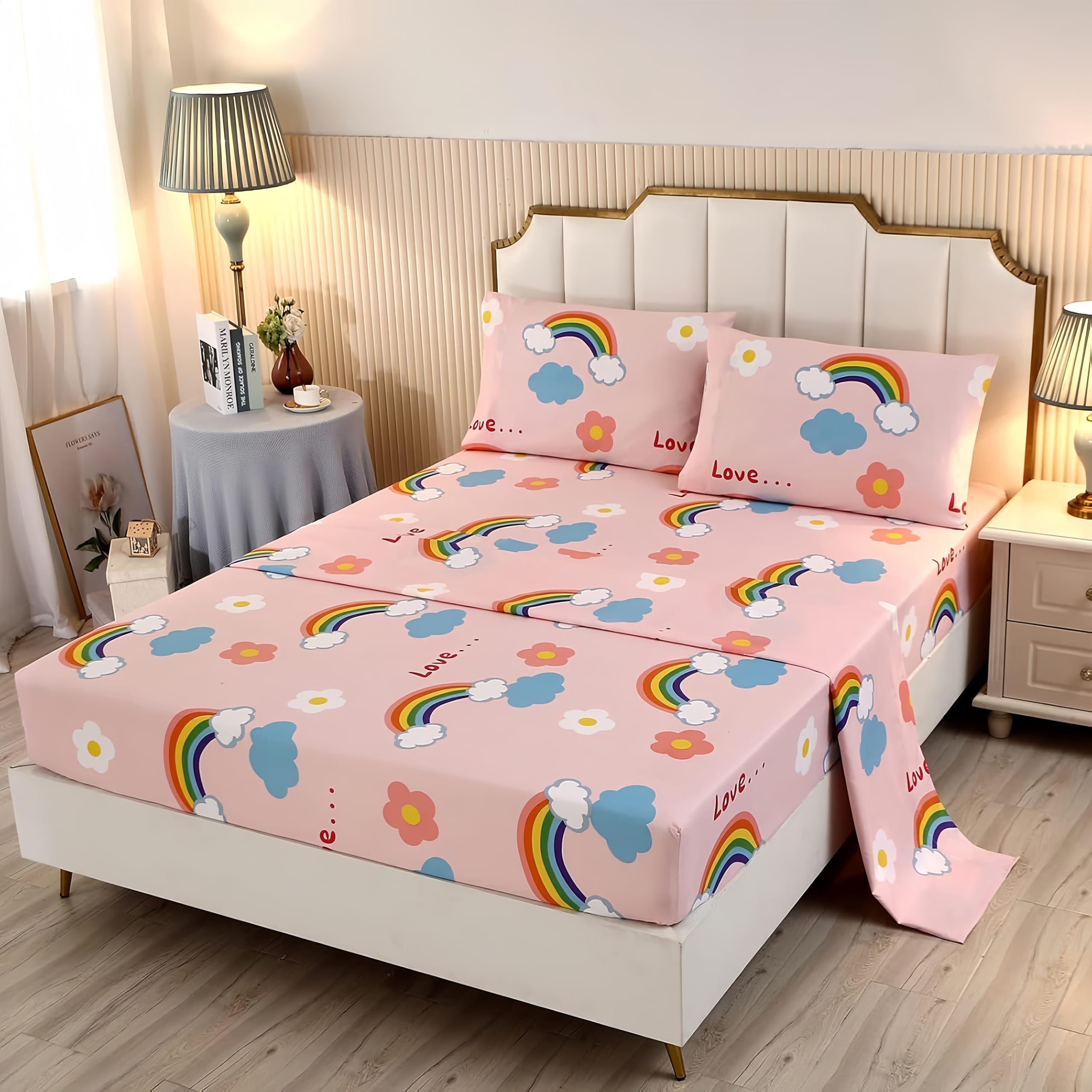 Sdy 4Pcs Mermaid Sheets Twin,Floral Rainbow Twin Size Cute Sheets Set Included 1 Deep Pocket Fitted Sheet+1 Top Flat Sheet+2 Pil