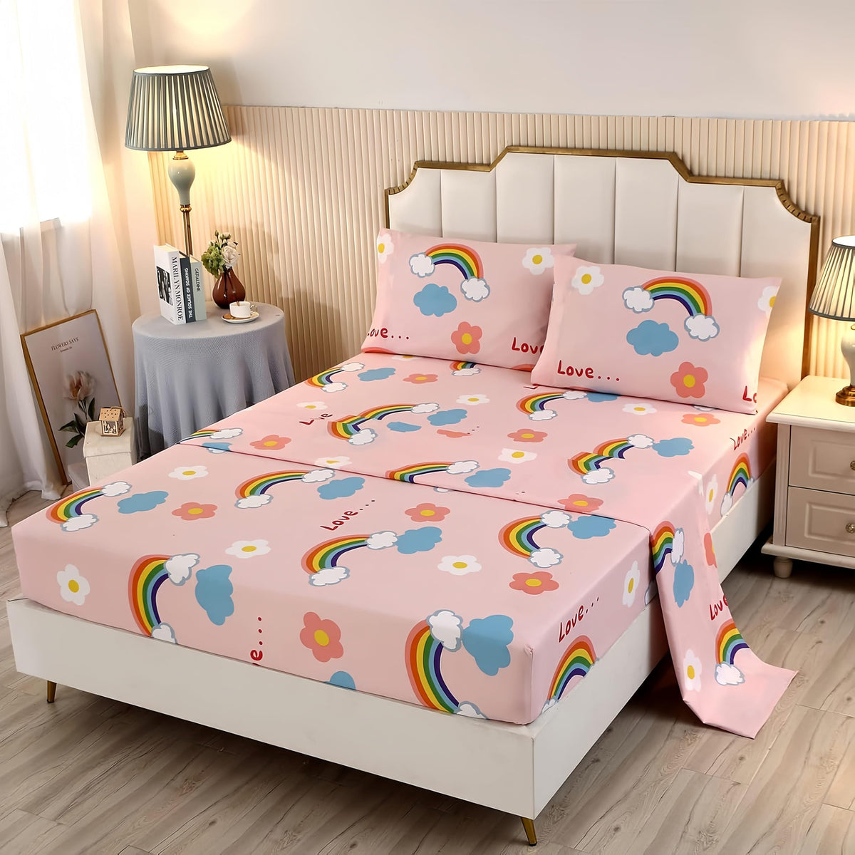 Sdy 4Pcs Rainbow Sheets Full, Cute Flower Cloud And Rainbow Sheets, Super Soft Microfiber, Wrinkle And Fade Resistant, For Kids