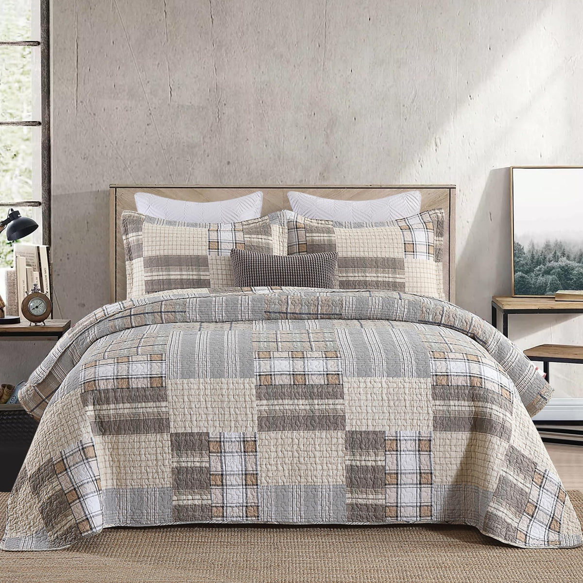 Kaloola 100% Cotton Quilts King Size 3 Pieces, Farmhouse Plaid King Quilt Bedding Sets, Brown Rustic King Size Bedspreads, Rever