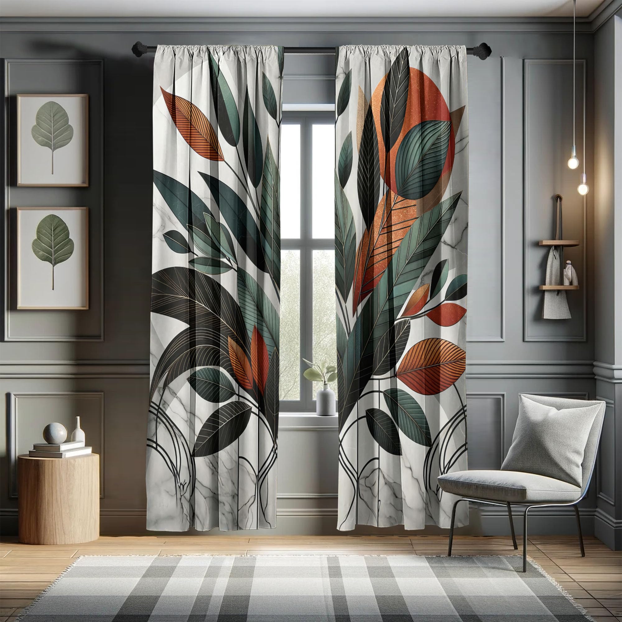 Ambesonne Boho Window Curtains, Mid Century Modern Exotics Leaves and Roundy Line Details Art Minimalist, Lightweight Decorative