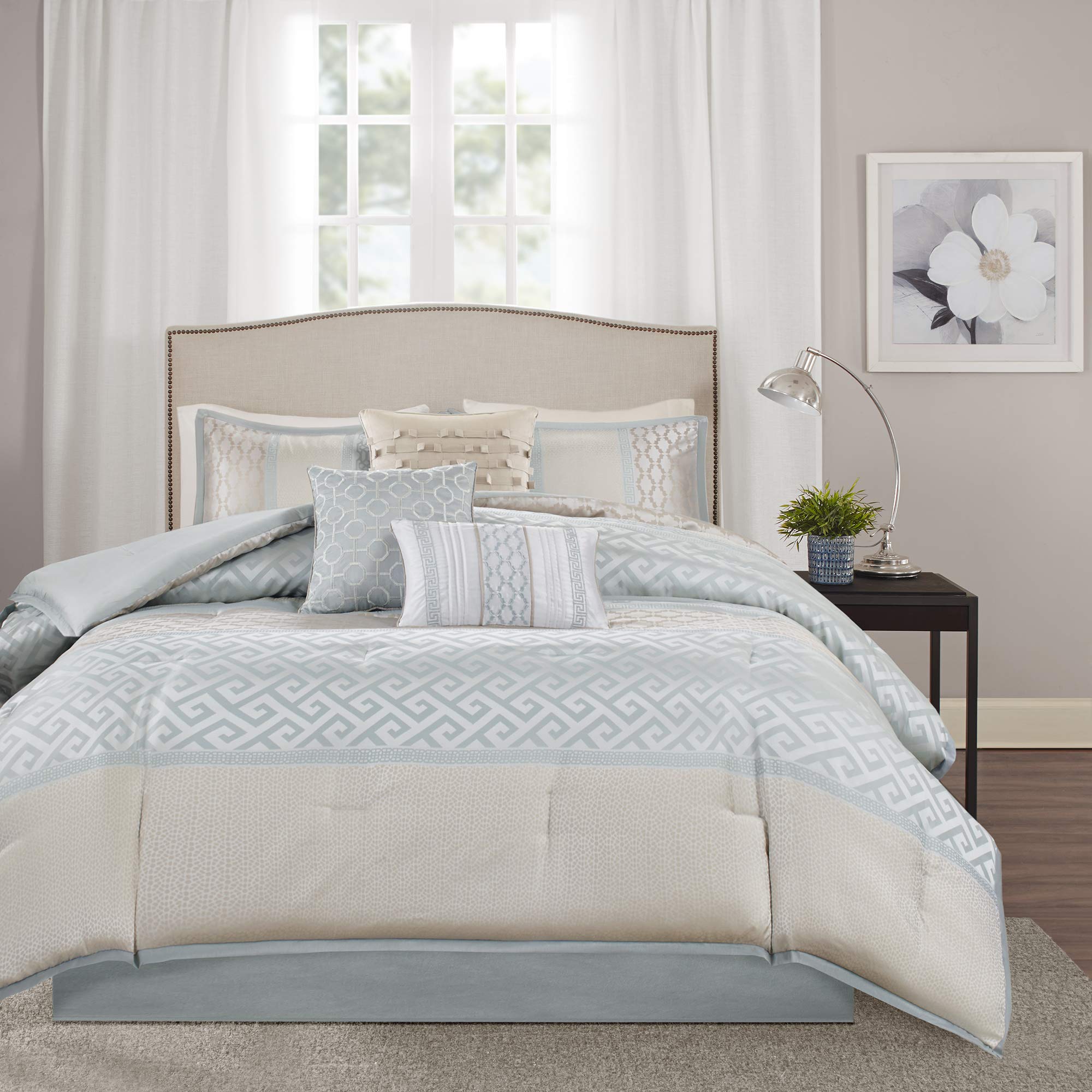 Madison Park Luxury Comforter Set-Traditional Jacquard Design All Season Down Alternative Bedding, Matching Bedskirt, Decorative Pillows, King(104'X92'), Bennett, Geometric Aqua 7 Piece