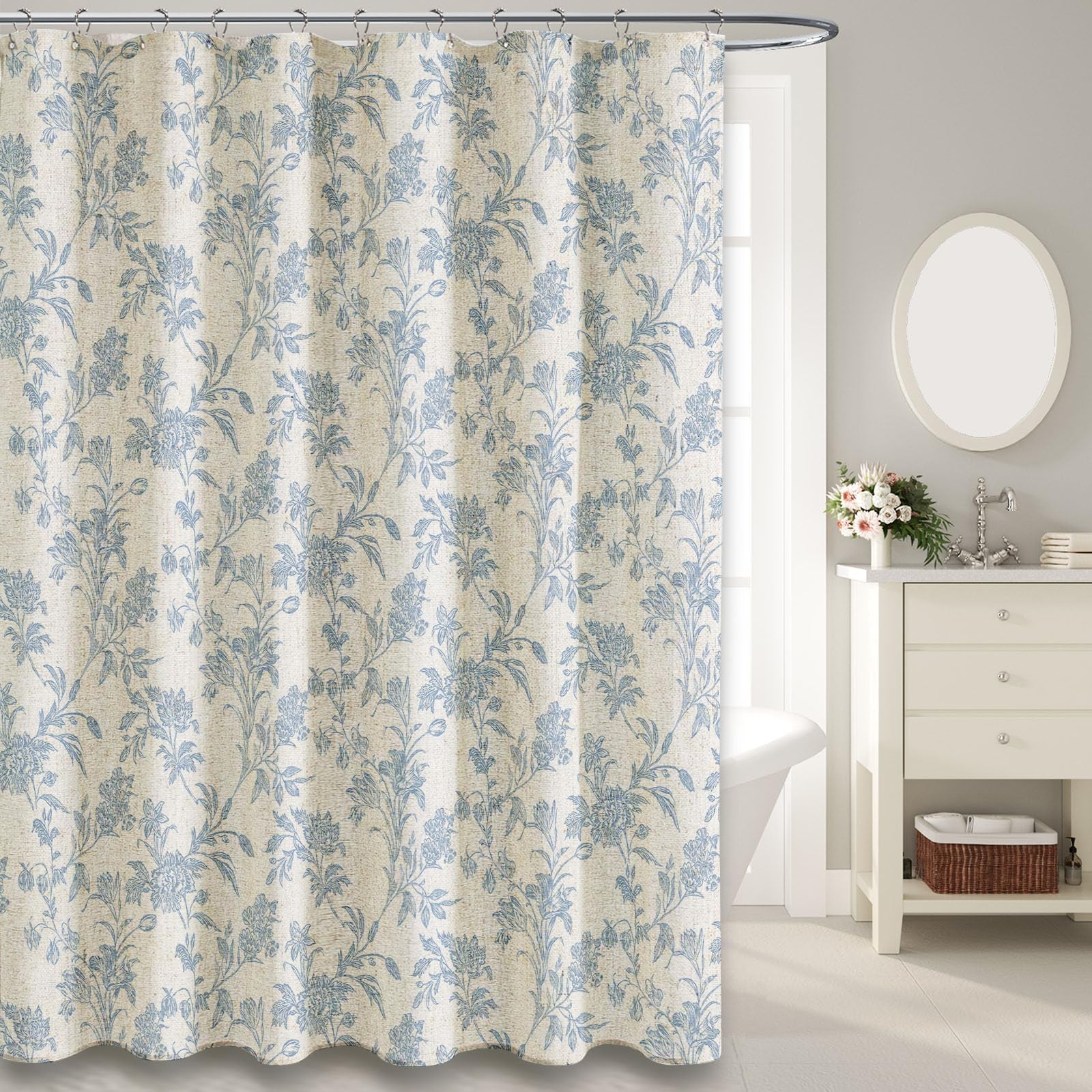Wouvma Blue Shower Curtain Floral Cotton Linen Cottagecore Shower Curtain For Bathroom 72' L X 60' W