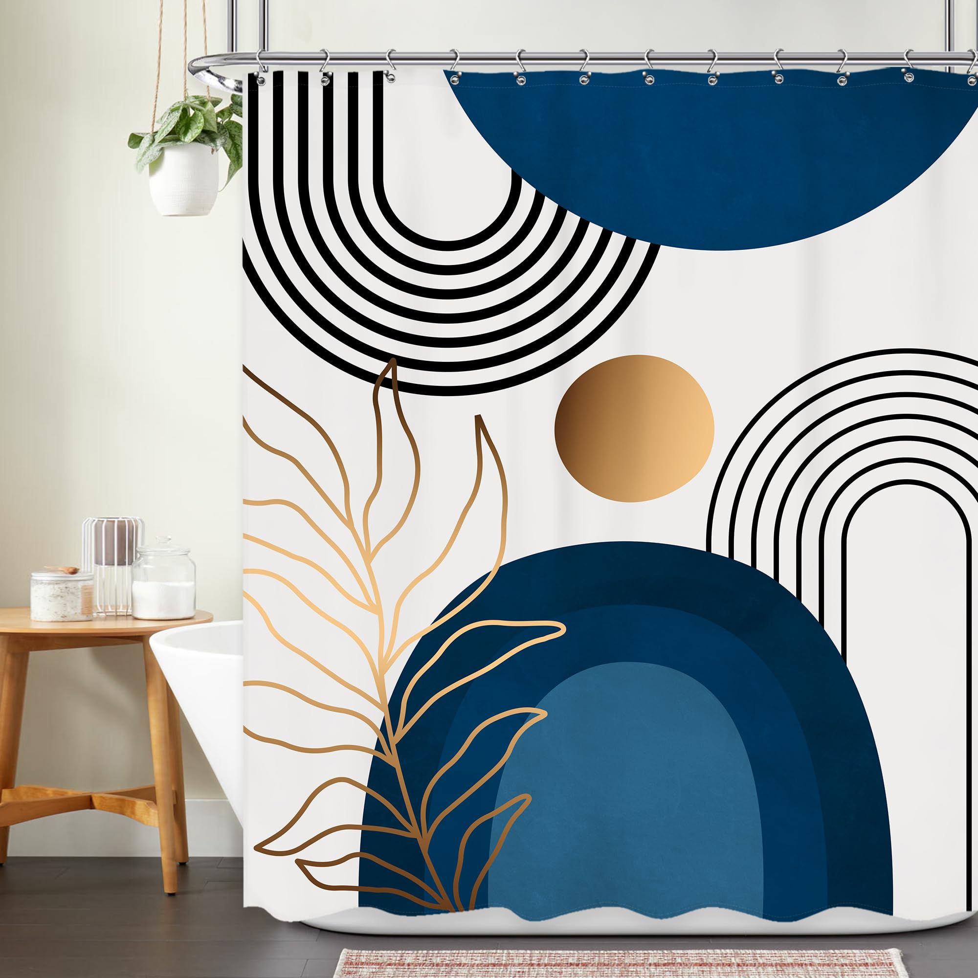 Ufeela Navy Blue Boho Shower Curtain Modern Mid Century Abstract Bohemian Gold Leaves Geometric Minimalist Plant Botanical Arch