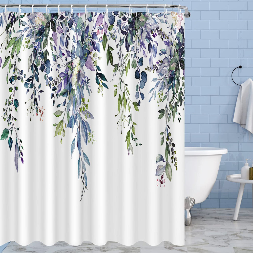 Nuseiis Long Blue Purple Shower Curtains 72 x 78, Fabric Tall Eucalyptus Leaves Shower Curtain Sets, Watercolor Floral Plant Bat