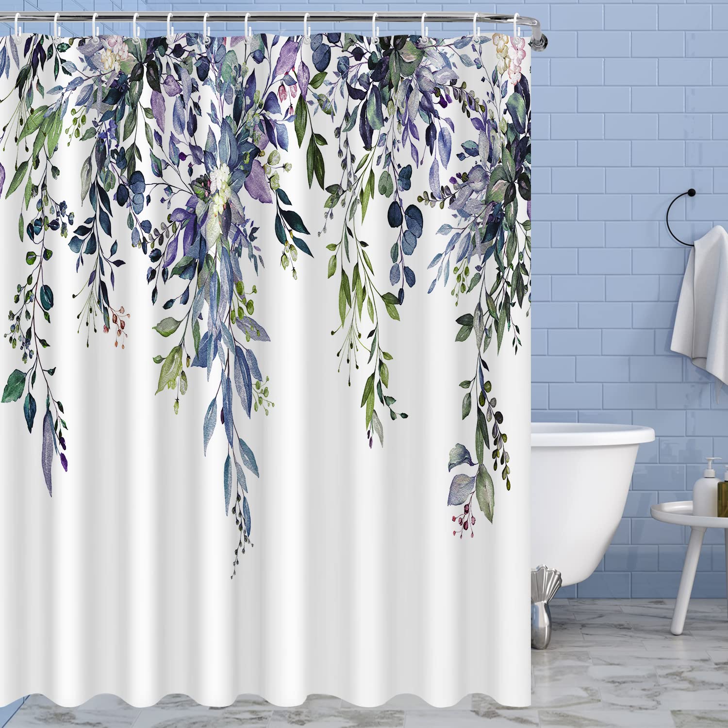 Nuseiis Long Blue Purple Shower Curtains 72 x 78, Fabric Tall Eucalyptus Leaves Shower Curtain Sets, Watercolor Floral Plant Bat