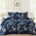 Wongs Bedding Floral Quilt Set King Size, Navy Blue Botanical King Bedspread Bedding Sets, 3 Pieces Quilt Set With 2 Pillowcases