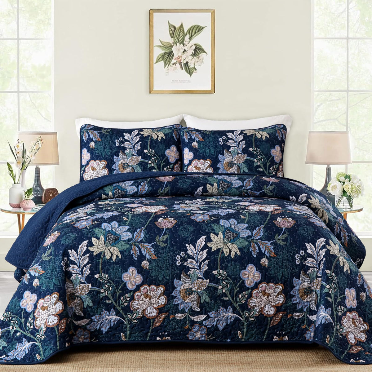 Wongs Bedding Floral Quilt Set King Size, Navy Blue Botanical King Bedspread Bedding Sets, 3 Pieces Quilt Set With 2 Pillowcases