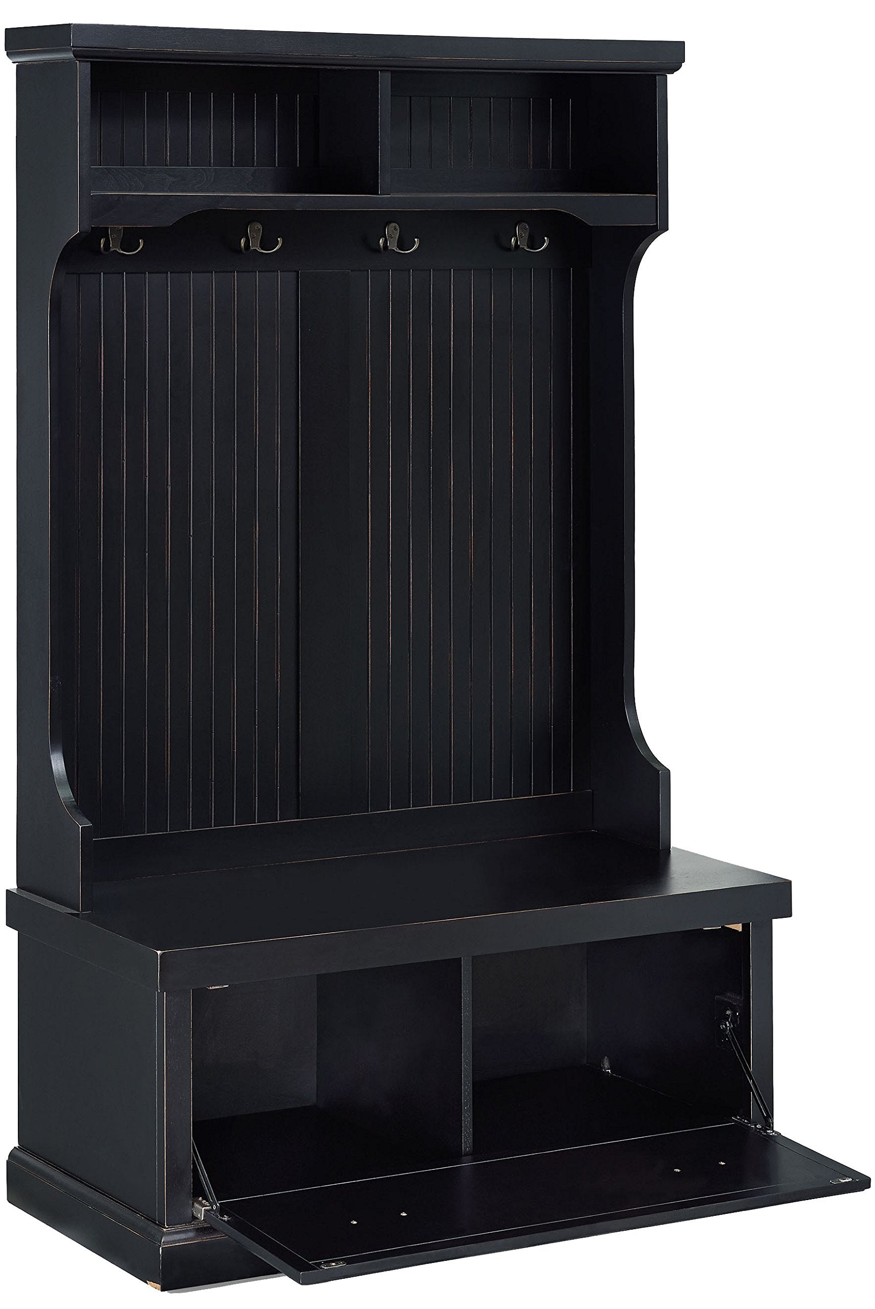 Crosley Furniture Seaside Hall Tree With Shoe Rack Bench And Coat Hooks For Hanging Storage, Distressed Black