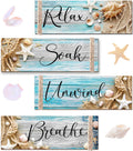POILKMNI 4 PCS Ocean Beach Wood Relax Soak Unwind Breathe Art Sign Hanging Wooden for Decor Living Room Laundry Spa Washroom