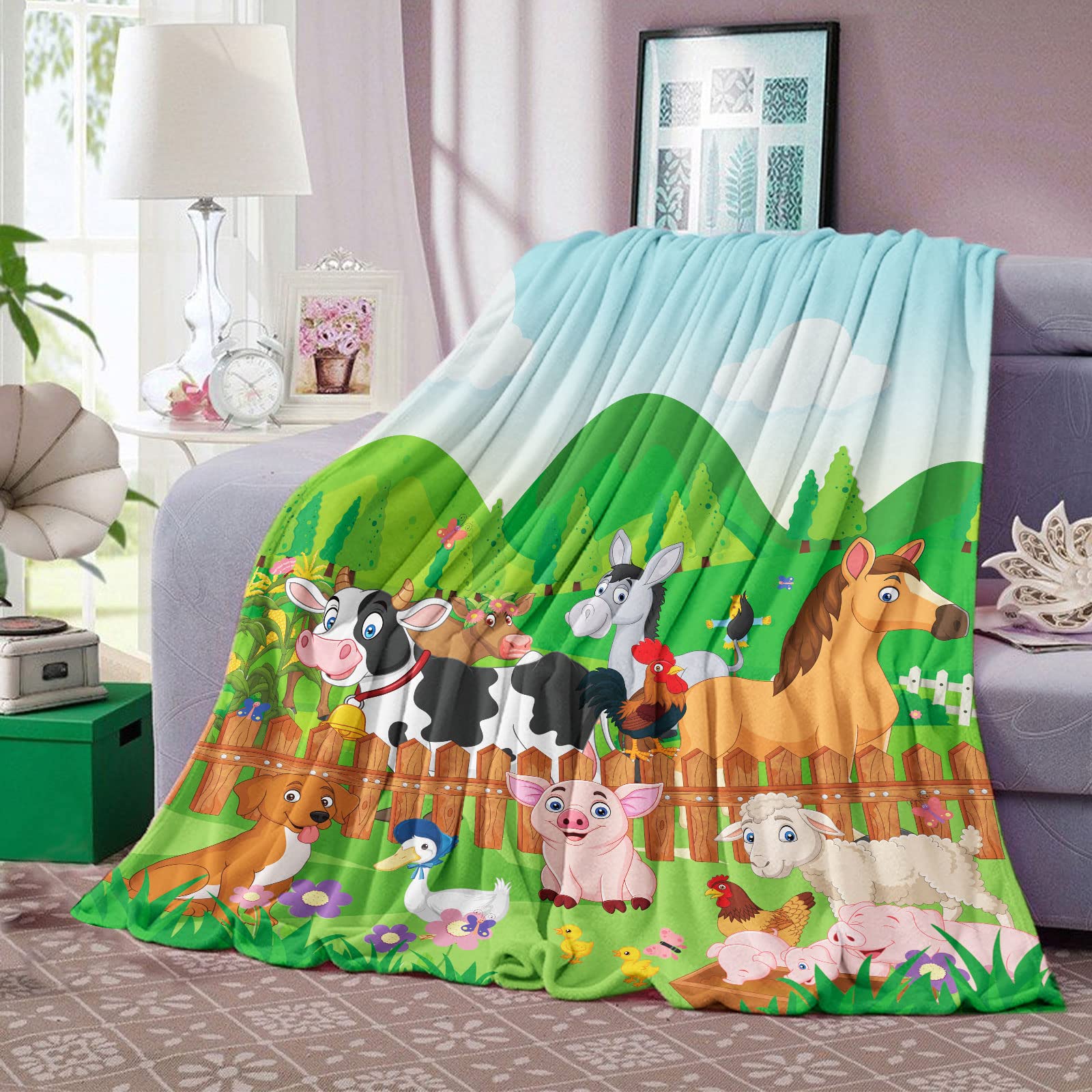 Farm Animal Throw Blanket, Cute Farm Animal Blanket For Kids, Soft Cozy Flannel Farm Dog Pig Lamb Hen Horse Cow Blankets, Fluffy