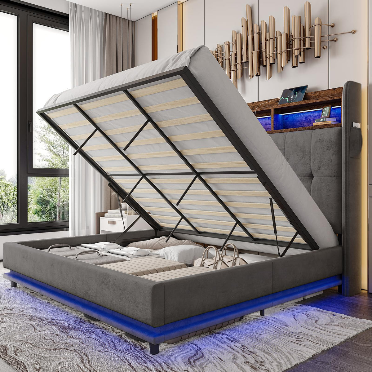 Jocisland 53.1' H King Size Bed Frame With Hydraulic Lift Up Storage, Built-In Bookcase & Rgb Led Headboard, Velvet Upholstered