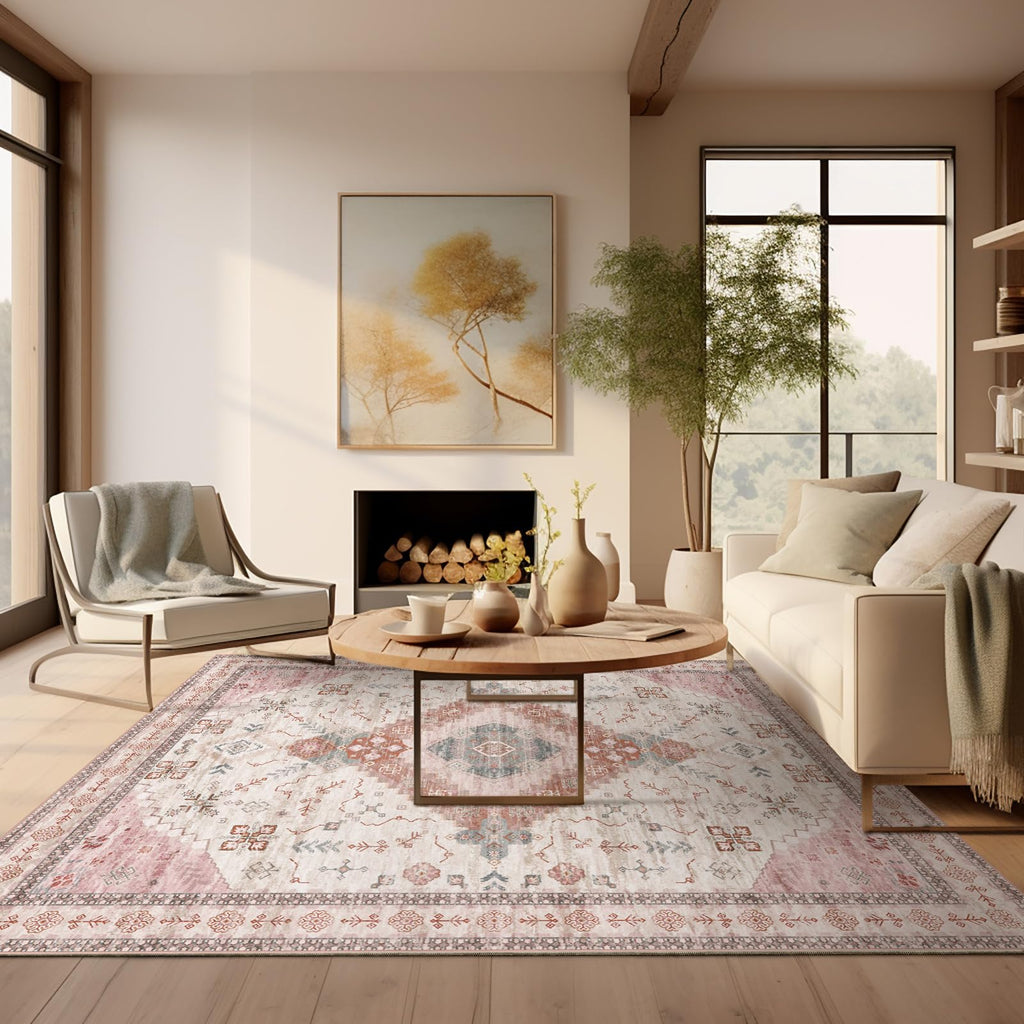 Ashler Boho Rug, 6x9 Area Rugs, Vintage Rugs, Large Area Rug, Rugs for Living Room, Bedroom, Kitchen, Dinner, Blush/Beige Home D