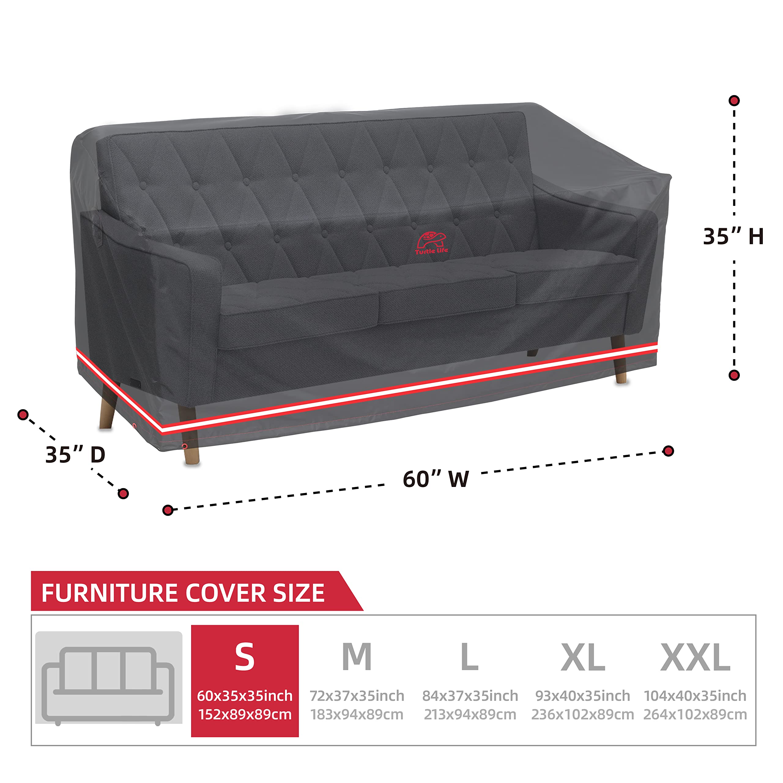 Turtle Life Patio Sofa Cover, Outdoor Heavy Duty Durable Uv Water Resistant Anti-Fading Loveseat Cover With 2 Upgrade Air Vents And 2 Buckles, Black, 60' W X 35' D X 35' H