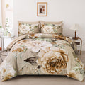 Dintszyayue Floral Bed In A Bag 7 Pieces Taupe Comforter Set Queen, Khaki Flower Green Leaves Bedding Sets Soft Bed Comforter Se