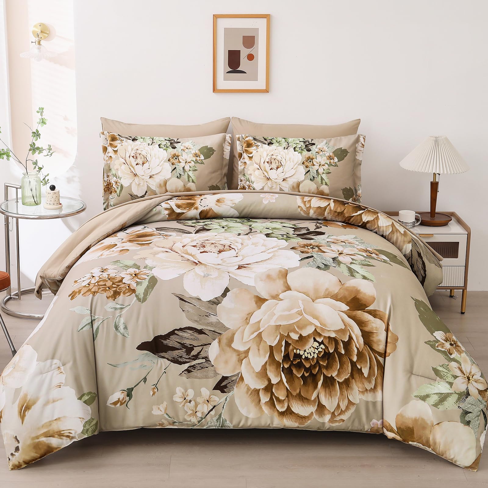 Dintszyayue Floral Bed In A Bag 7 Pieces Taupe Comforter Set Queen, Khaki Flower Green Leaves Bedding Sets Soft Bed Comforter Se