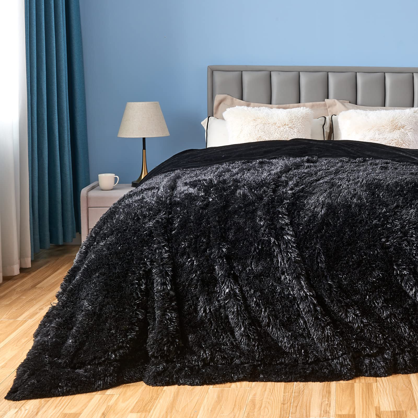 Gonaap Fuzzy Faux Fur Throw Blanket Queen Size Black Super Soft Cozy Plush Fuzzy Shaggy Blanket For Couch Sofa Bed (Black, Queen
