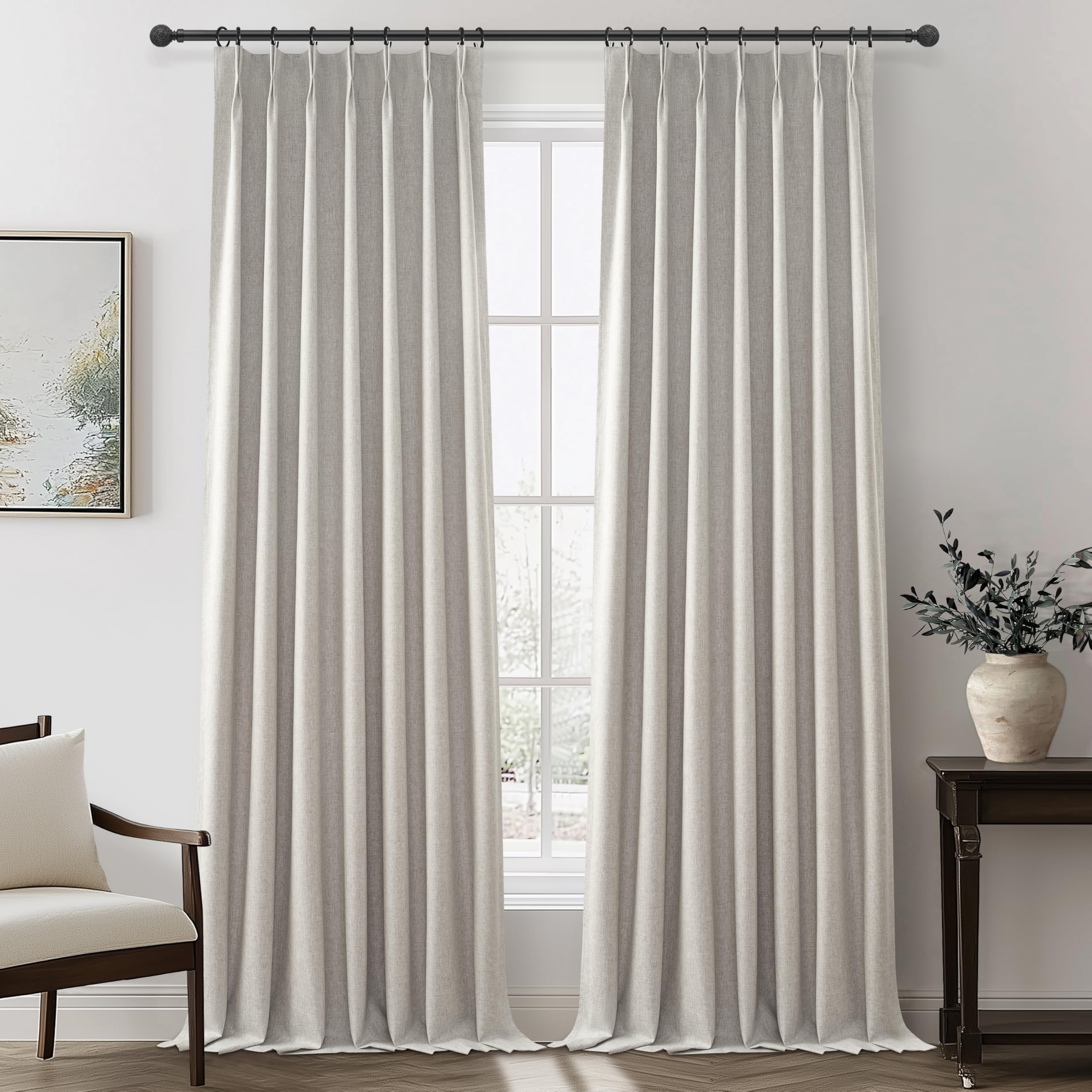 Natural Melange Taupe Blackout Curtains 108 Inch Extra Long Linen Viral Curtain with Pinch Pleat Clips&Hooks, Floor to Ceiling D