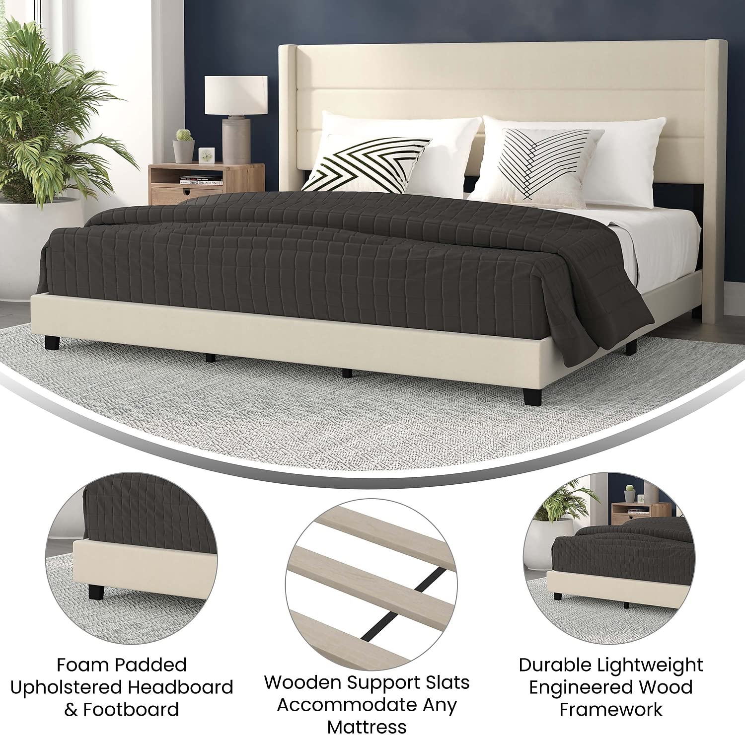 Flash Furniture Hollis Upholstered Platform Bed - Beige Faux Linen Wingback Headboard - King - Mattress Foundation with Slatted Supports - No Box Spring Needed