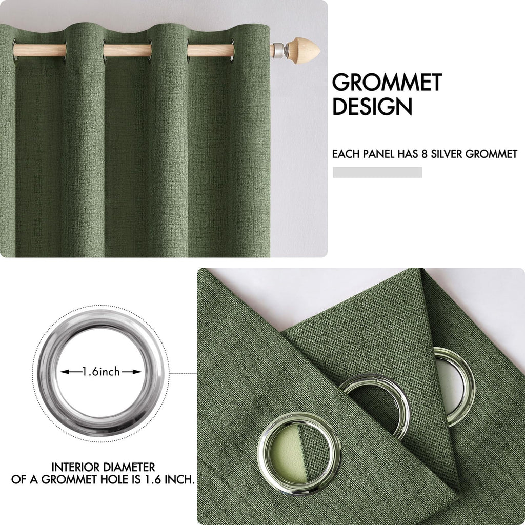 Miulee 100% Blackout Linen Textured Curtains For Bedroom Solid Thermal Insulated Olive Green Grommet Room Darkening Curtains & Drapes Luxury Decor For Living Room Nursery 52 X 120 Inch (2 Panels)