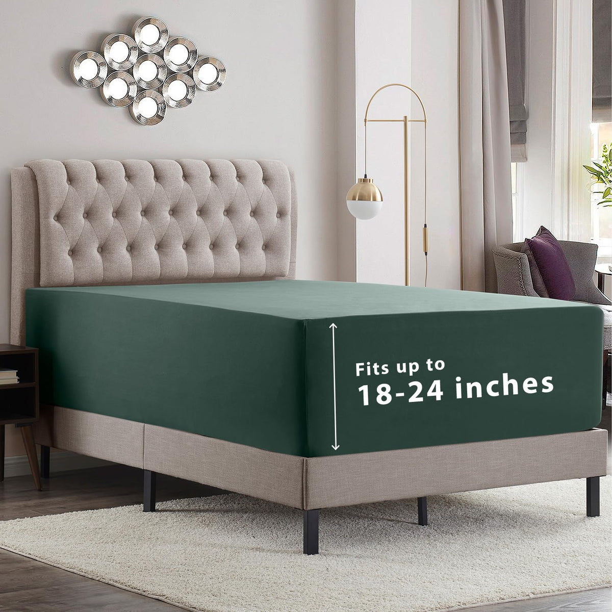 Empyrean Extra Deep Pocket King Size Fitted Sheet With Corner Straps, Soft Microfiber 110 Gsm, Fits 18 To 24 Inch, Forest Green