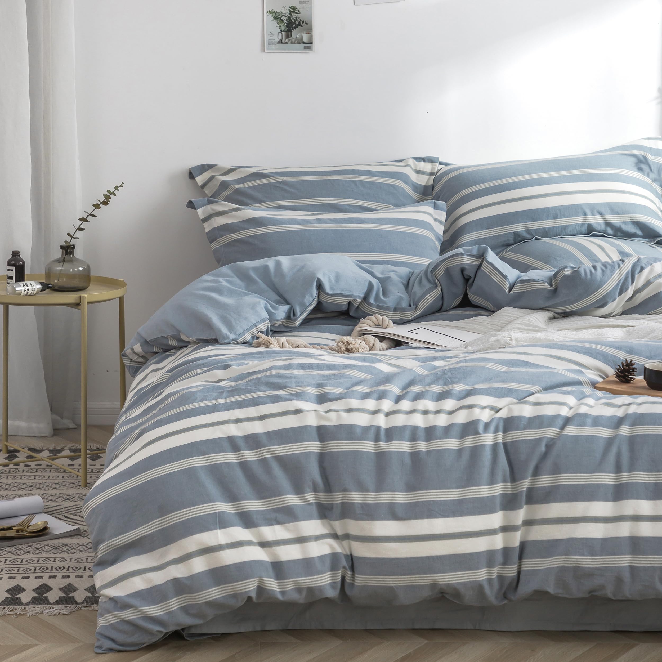 Biselina Bedding Duvet Cover Set 100% Washed Cotton Linen Like Textured Yarn Dyed Horizontal Stripes Reversible Breathable Soft