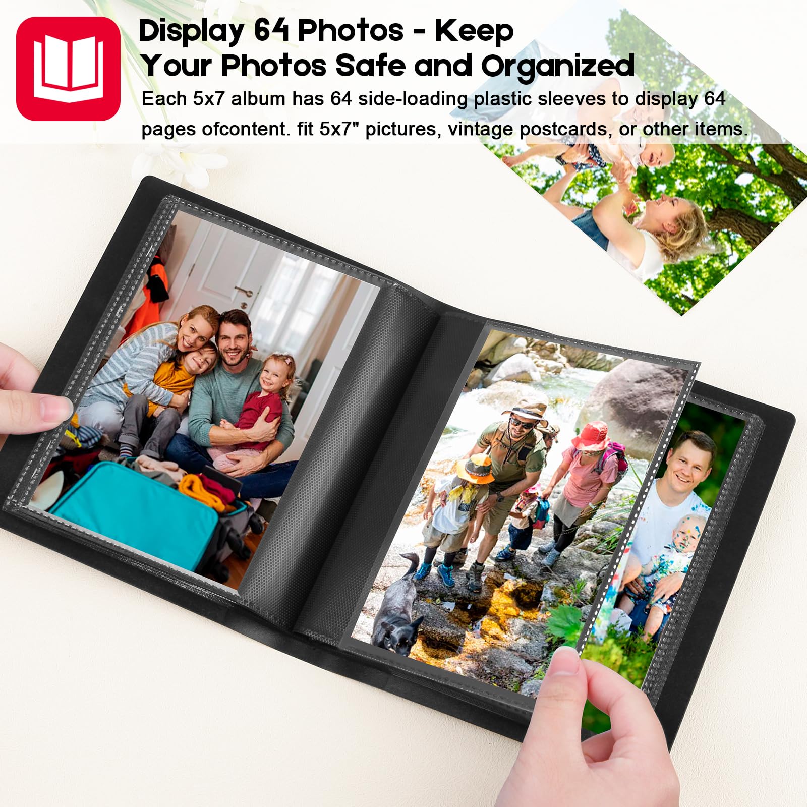Aevdor 5x7 Photo Album - Holds 64 Photos, Black Inner Pages, Strong Elastic Band, Small Size, Plastic Material