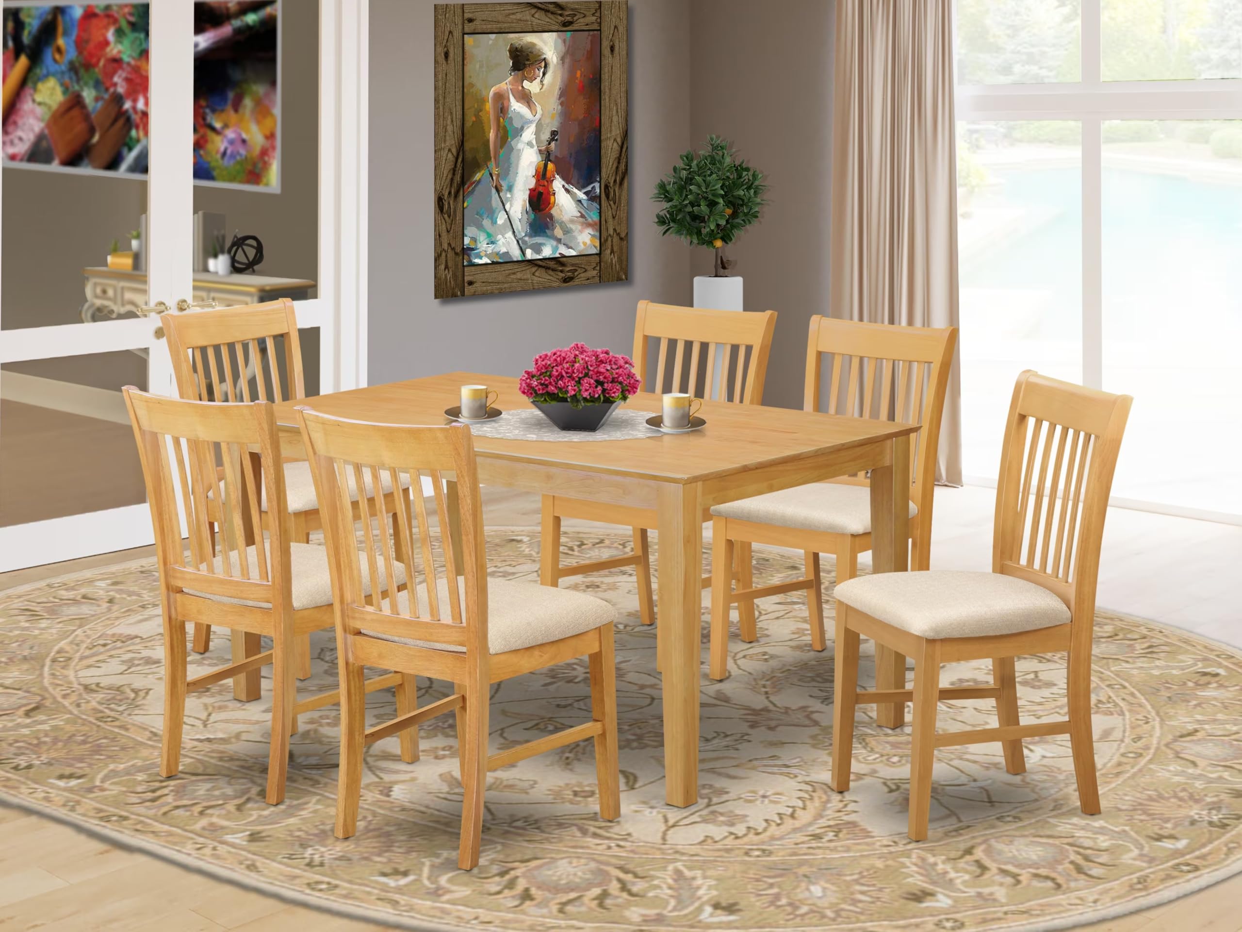 East West Furniture CANO7-OAK-C 7 Piece Kitchen Table & Chairs Set Consist of a Rectangle Dining Room Table and 6 Linen Fabric Upholstered Dining Chairs, 36x60 Inch, Oak