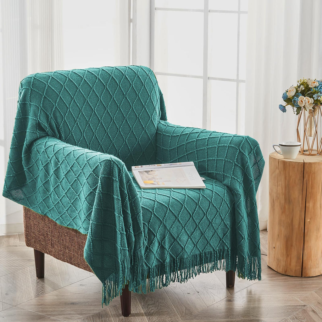 Inhand Knitted Throw Blankets For Couch And Bed, Soft Cozy Knit Blanket With Tassel, Blue Lightweight Decorative Blankets And Th