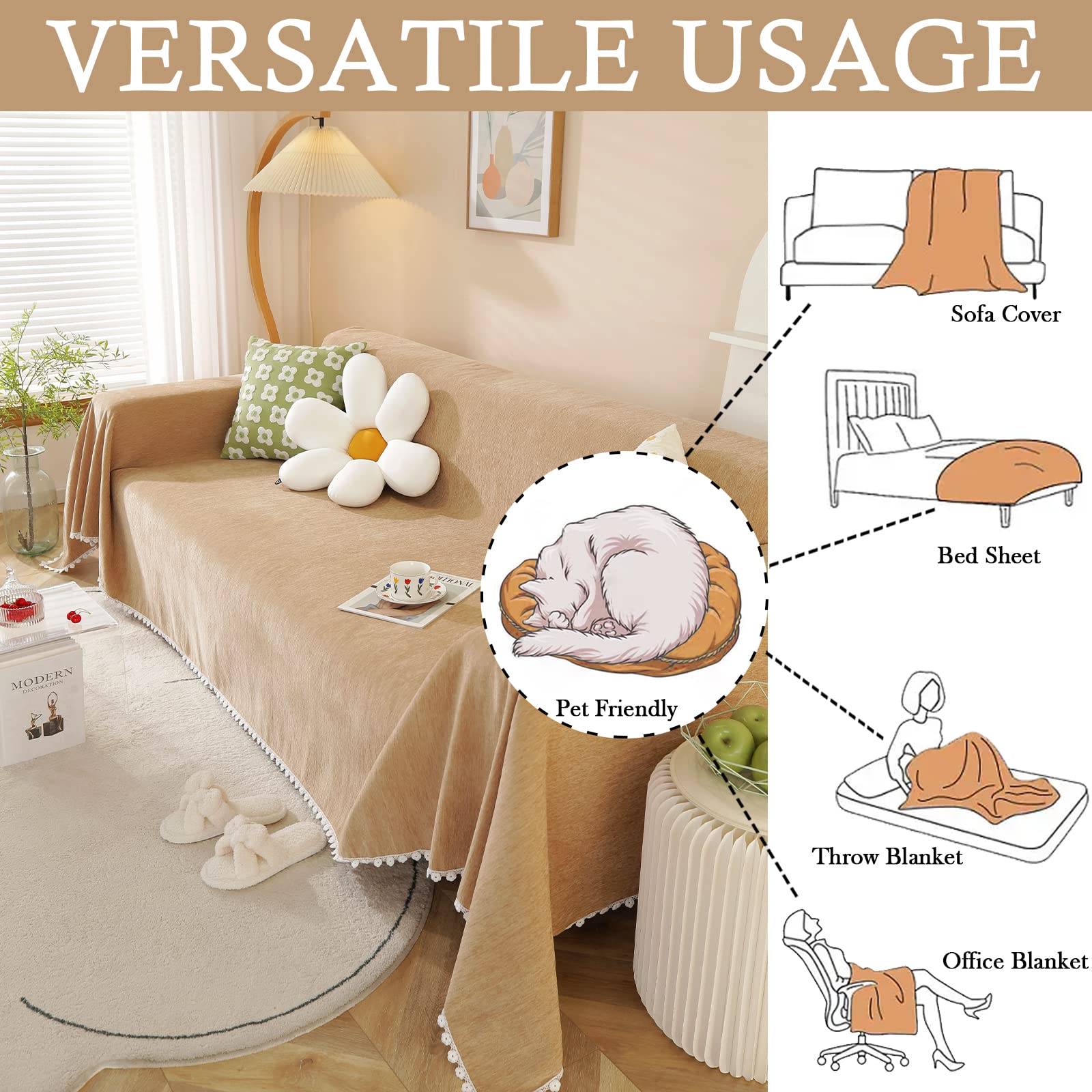 Handontime Khaki Couch Covers For Sectional Sofa L Shape Cute Loveseat Covers Dog Cover Covers, Sofa Covers For 3 Cushion Couch Chenille Sofa Slipcover Soft Sofa Cover For Sectional Sofa, 71' X118'