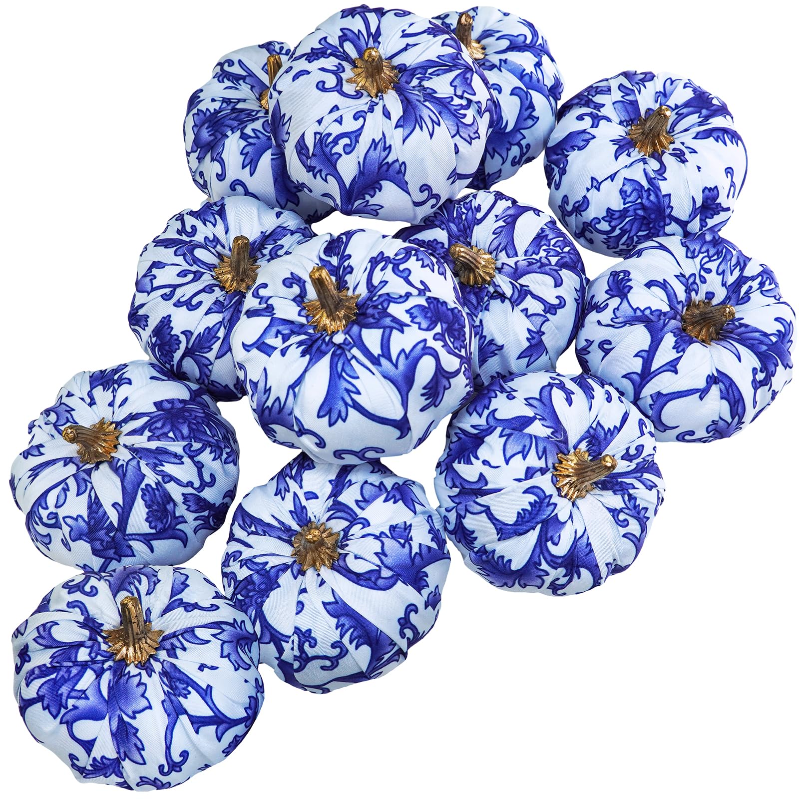 Winlyn 12 Pcs Small Fabric Pumpkins Decorative Blue and White Pumpkins Chinoiserie Chic Pumpkins Foam Pumpkins 3 for Gifts Fall 