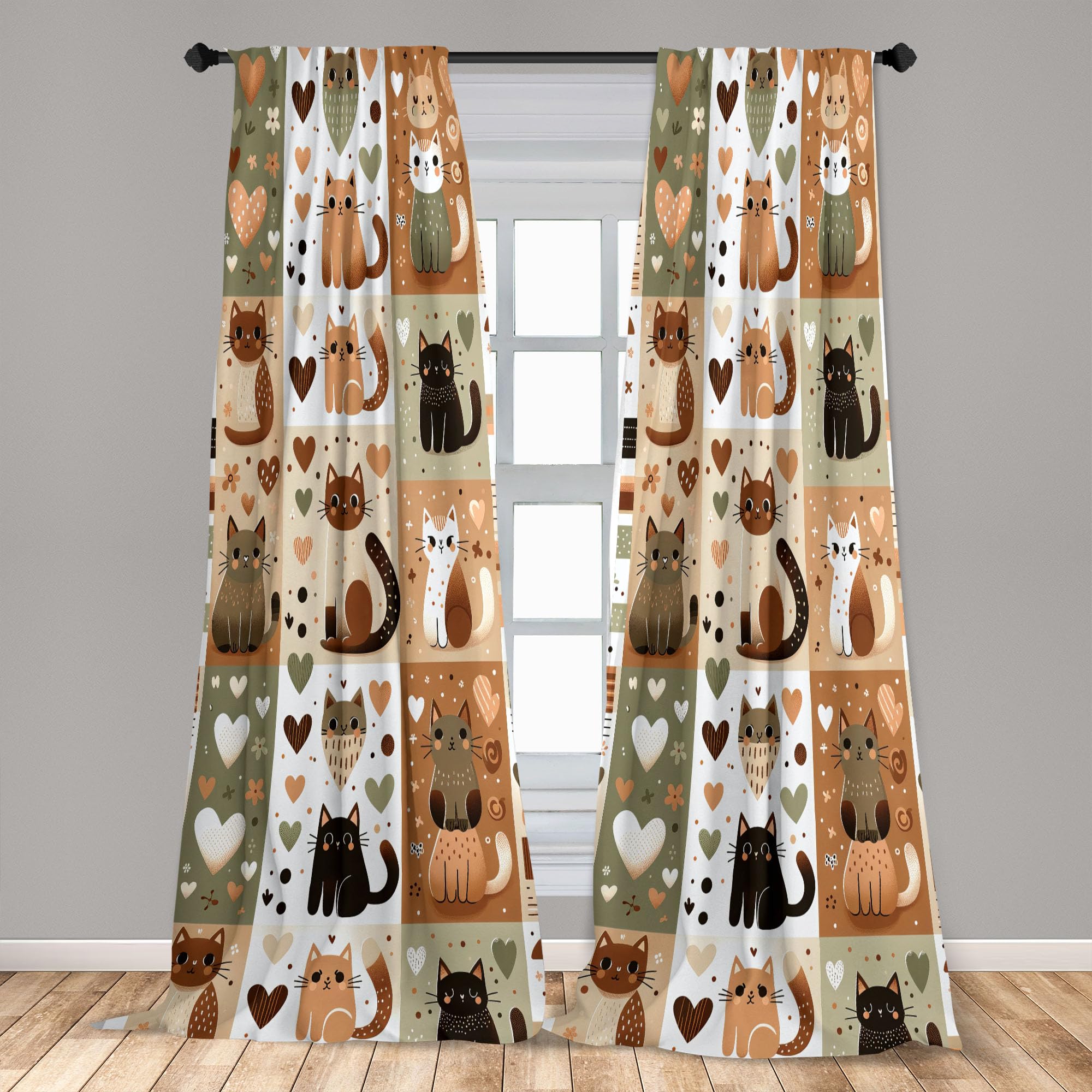 Ambesonne Cats Curtains, Modern Scandi Pattern Of Kitten Love With Romantic Hearts Cartoon Design, Window Treatments 2 Panel Set