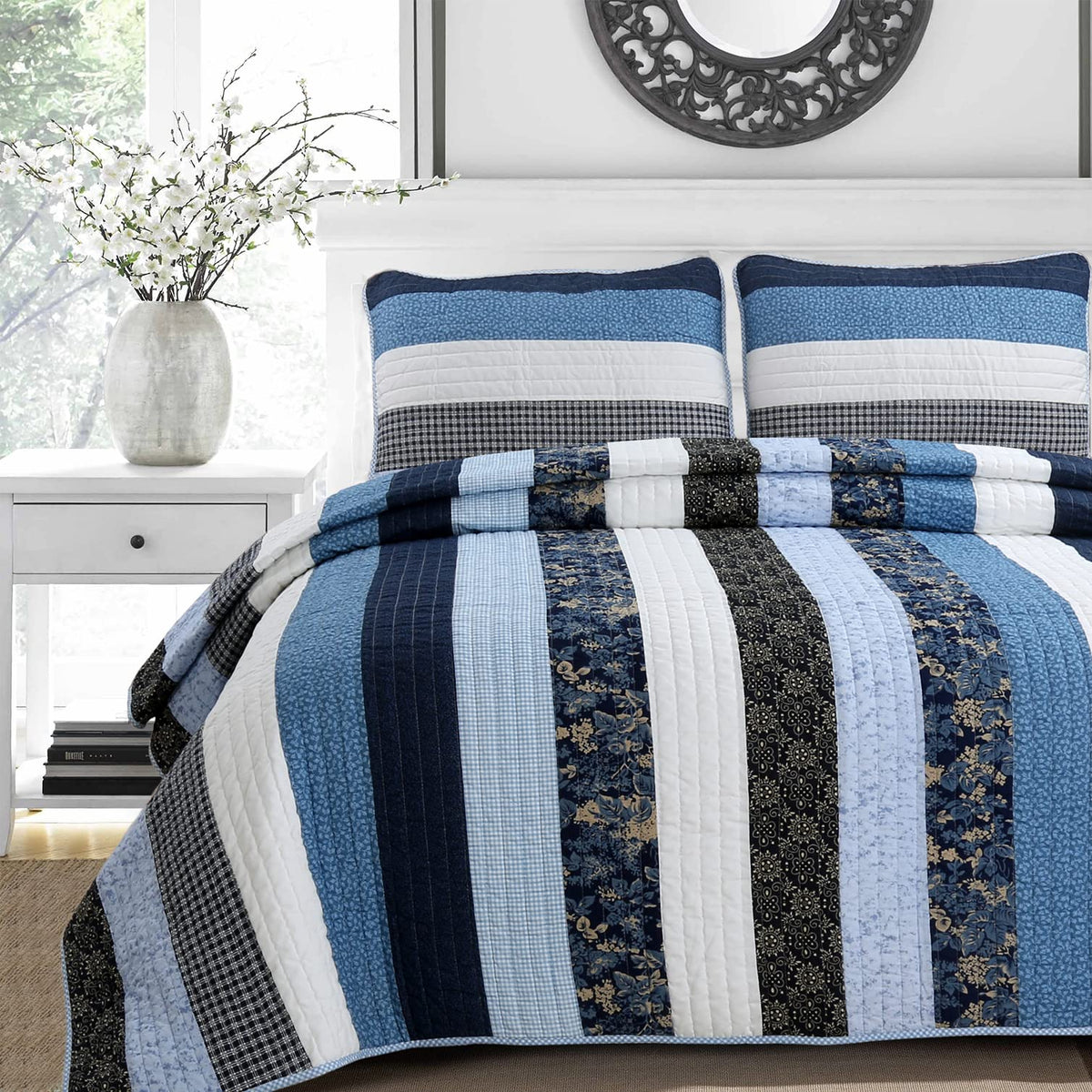 Cozy Line Home Fashions Navy Royal Empire Striped Cotton Quilt Bedding Set, Reversible Coverlet, Bedspread (Empire Stripe, King