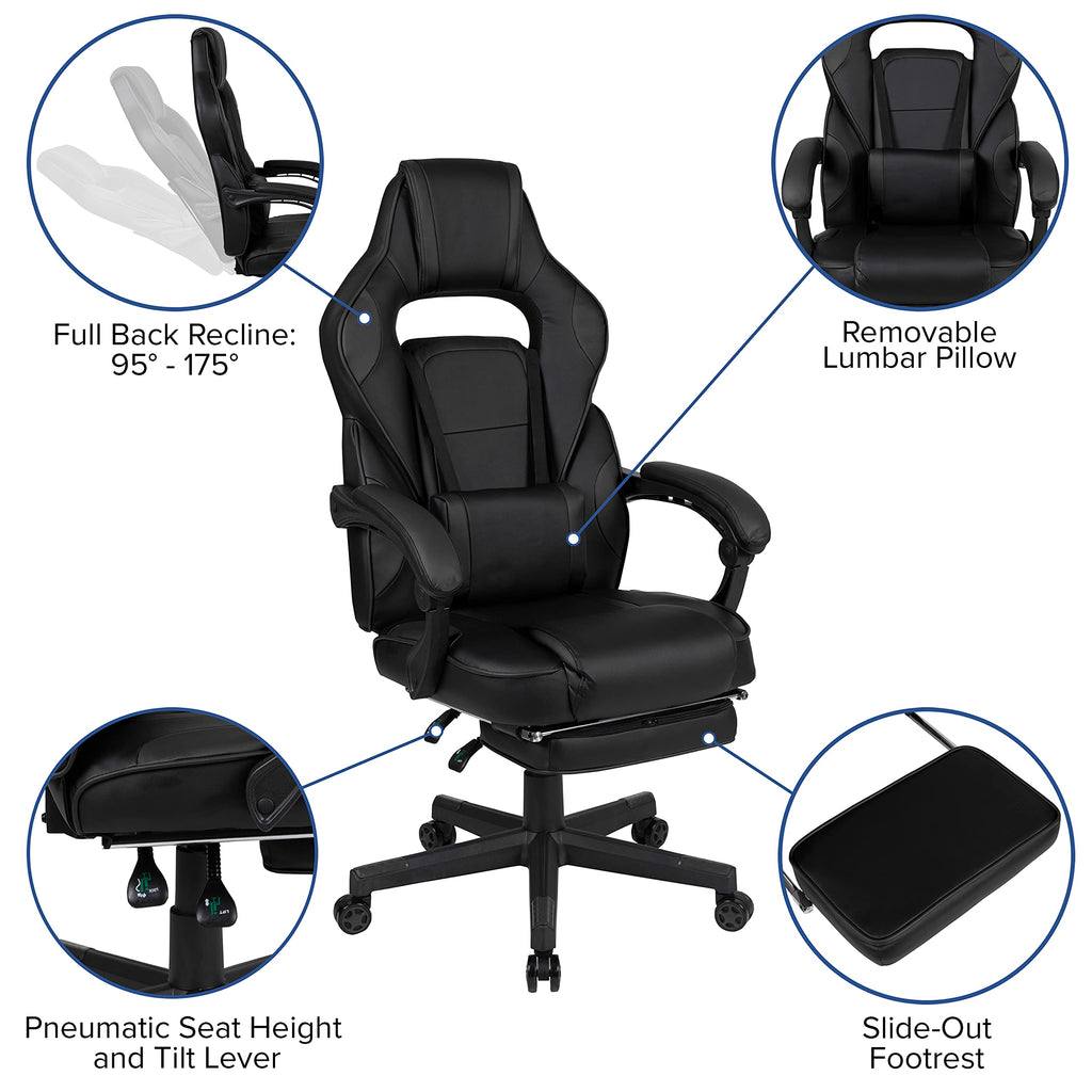 Flash Furniture X40 Gaming Chair Racing Ergonomic Computer Chair with Fully Reclining Back/Arms, Slide-Out Footrest, Massaging Lumbar - Black