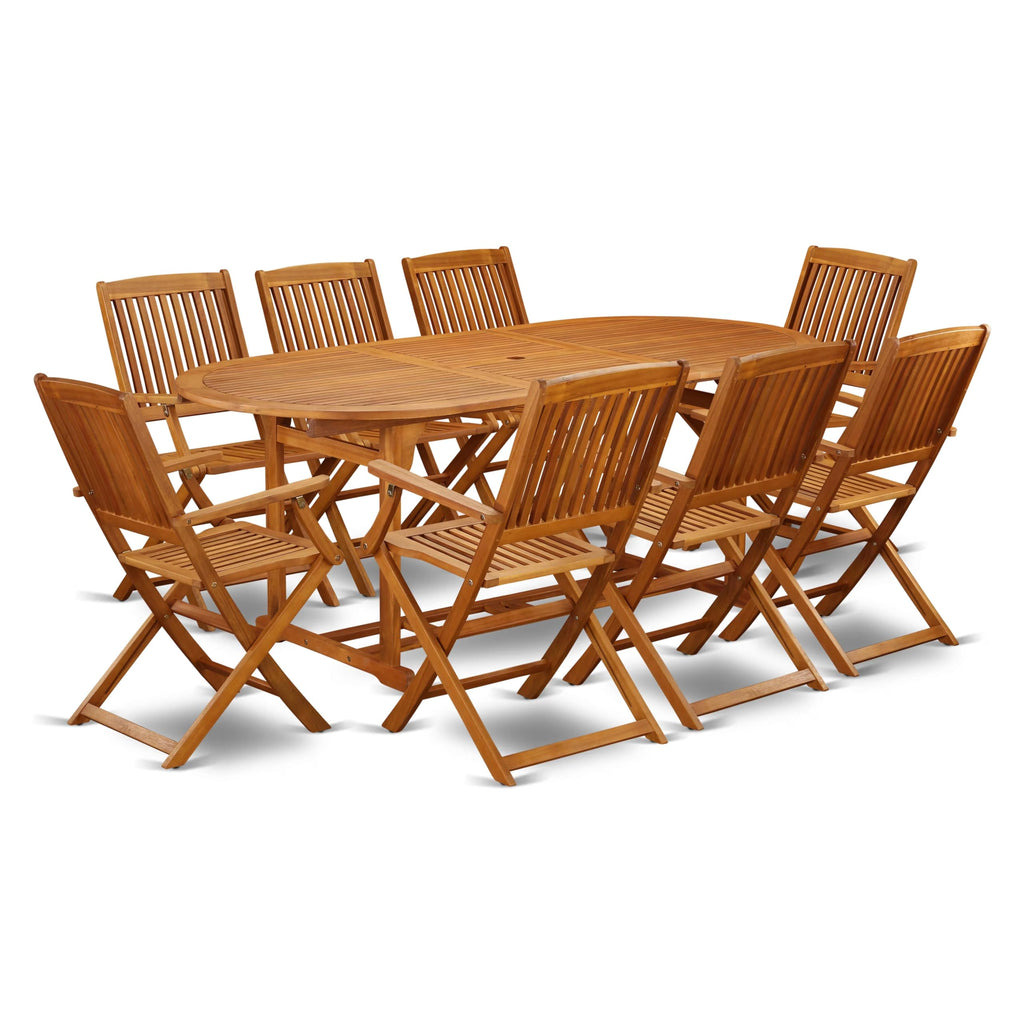 East West Furniture Bscm9Cana Beasley 9 Piece Outdoor Patio Dining Sets Includes An Oval Acacia Wood Table And 8 Folding Arm Chairs, 36X78 Inch