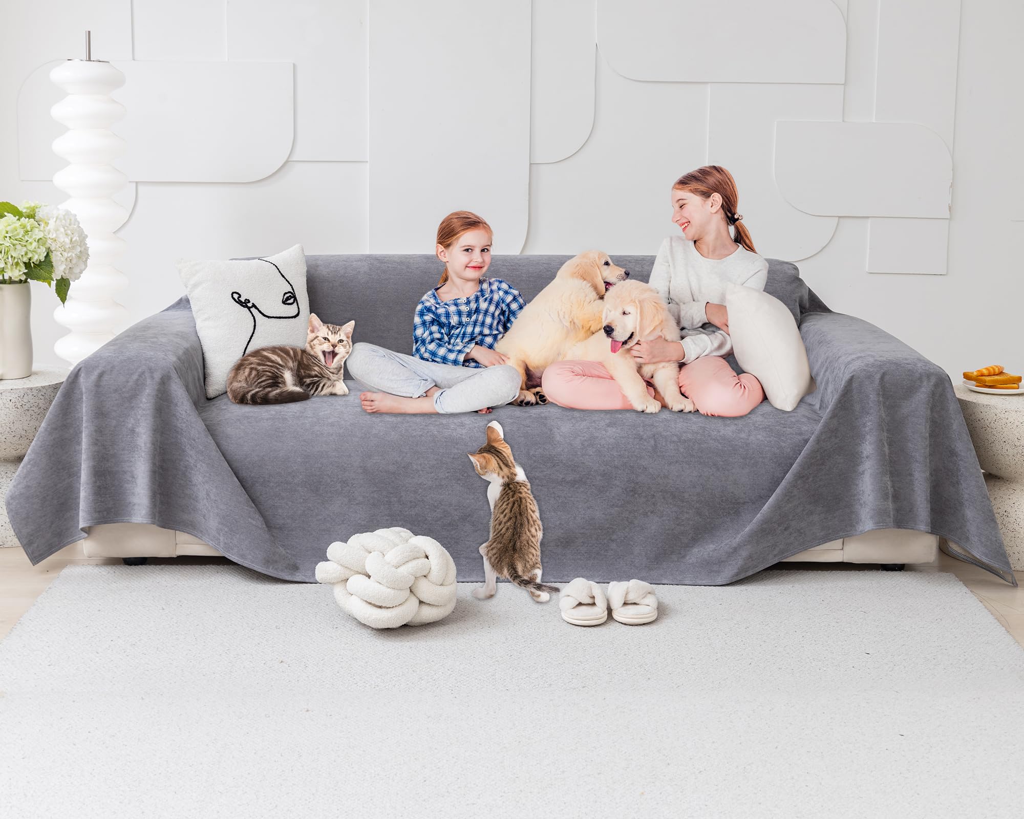 Loiion Couch Covers For 3 Cushion Couch, Gray Cat-Scratch Resistant Sofa Cover -Pets Dogs Friendly Anti Slip Thickened Slipcover