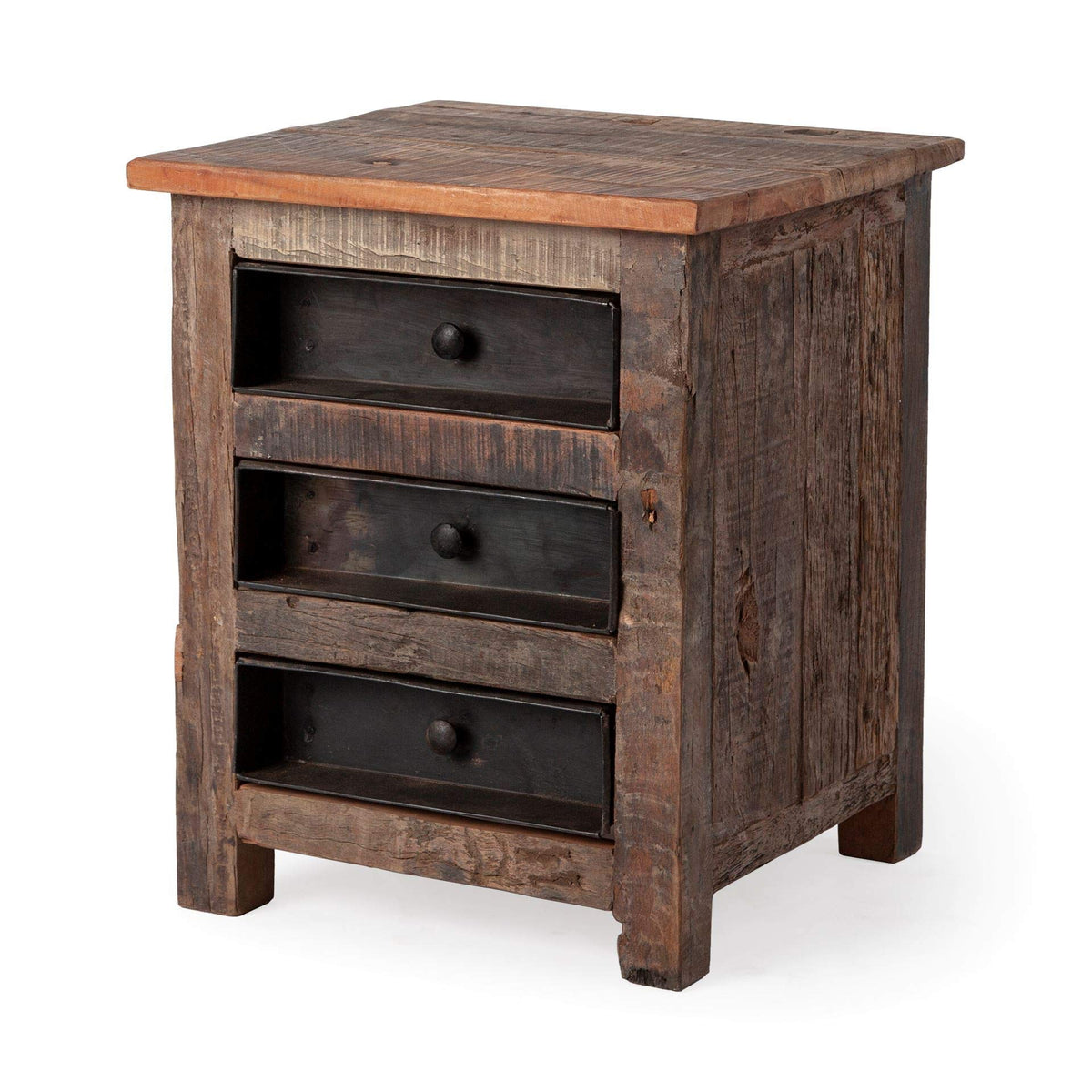 HomeRoots Medium Brown Wood Square Top End Table with Rustic Metal Drawers