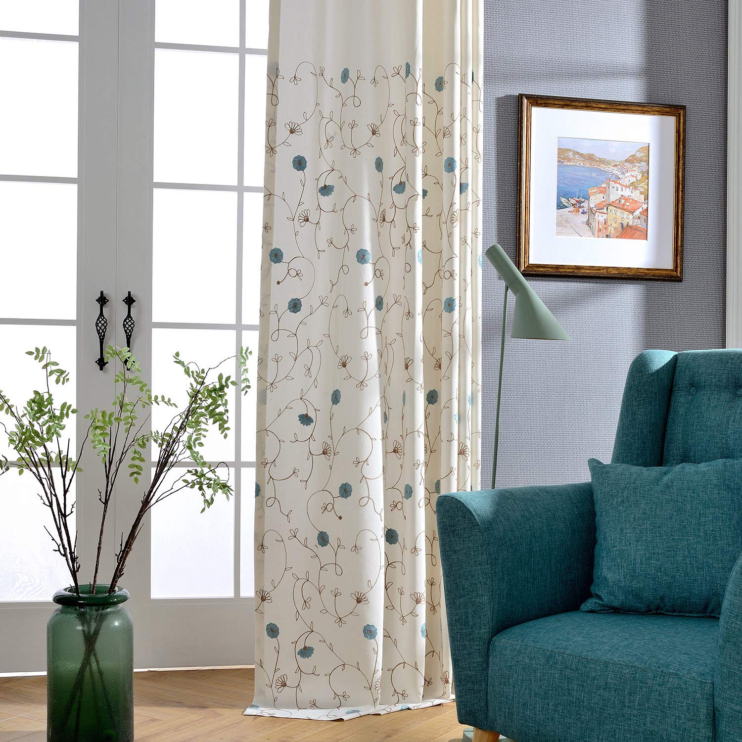 VOGOL European Simple Floral Embroidered Curtains Blue Elegant Faux Linen Curtain for Living Room 52x96 Inch, 2 Panels, Top Grom