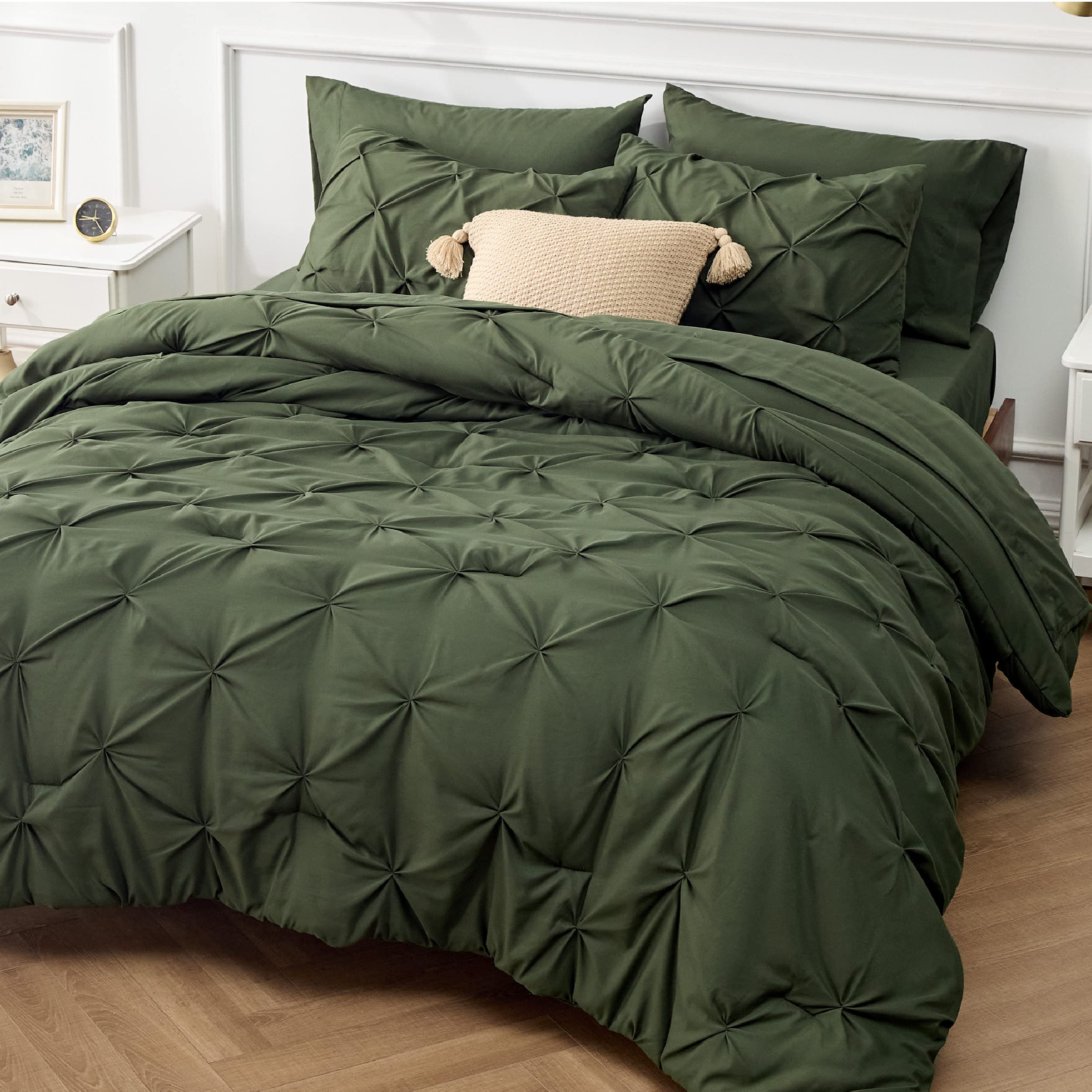Bedsure California King Comforter Set - Cal King Bed Set 7 Pieces, Pinch Pleat Olive Green Cali King Bedding Set With Comforter,