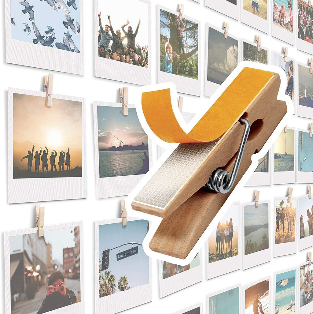 20 Pack Mini Self Adhesive Clips for Pictures - Beige Wood Clip Photo Holders for Wall, Poster Hanger, Photo Cards Hanging Displ