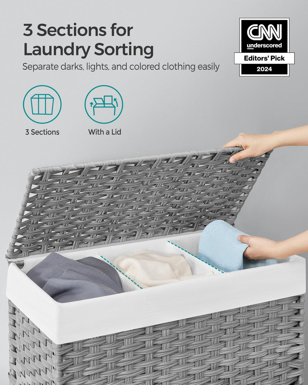 Songmics Laundry Hamper With Lid, 37 Gallons (140 L), Rolling Laundry Basket With Wheels, 3-Section Synthetic Rattan, Removable