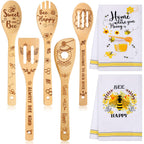 Minatee 7 Pcs Bee Kitchen Decor Set, Including 2 Pcs Bee Kitchen Towels and 5 Pcs Cute Bee Wooden Spoons Rustic Bamboo Utensils 