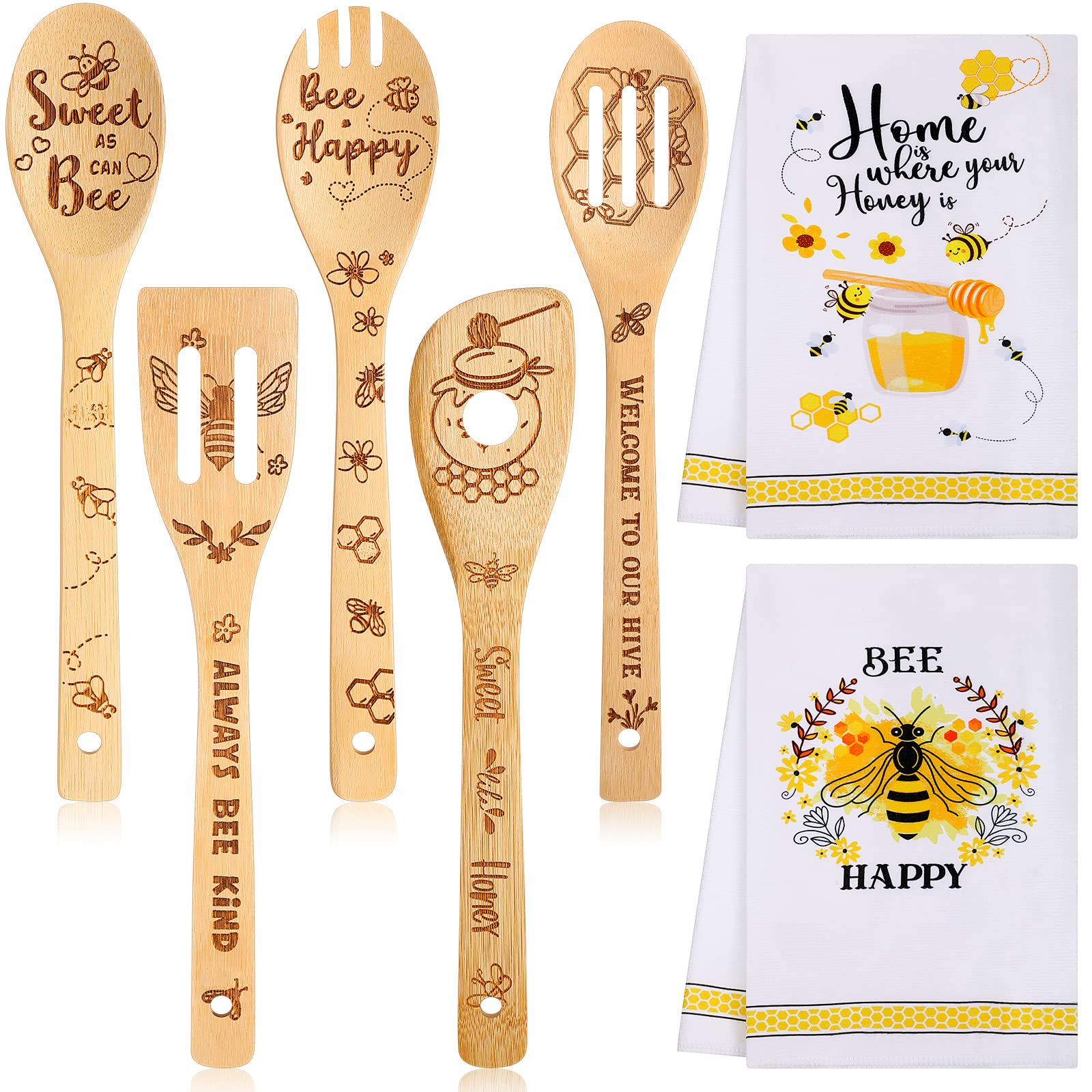Minatee 7 Pcs Bee Kitchen Decor Set, Including 2 Pcs Bee Kitchen Towels and 5 Pcs Cute Bee Wooden Spoons Rustic Bamboo Utensils 