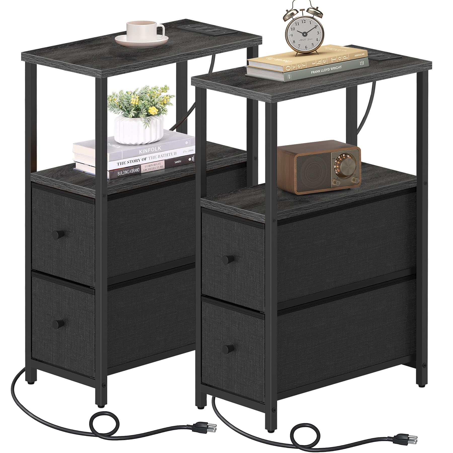 Tutotak Small Narrow End Table With Charging Station, Set Of 2, Side Table With Outlets, Nightstand With 2 Cloth Drawers, Couch Table, For Living Room, Bedroom, Bedside, Charcoal Grey Tb01By055